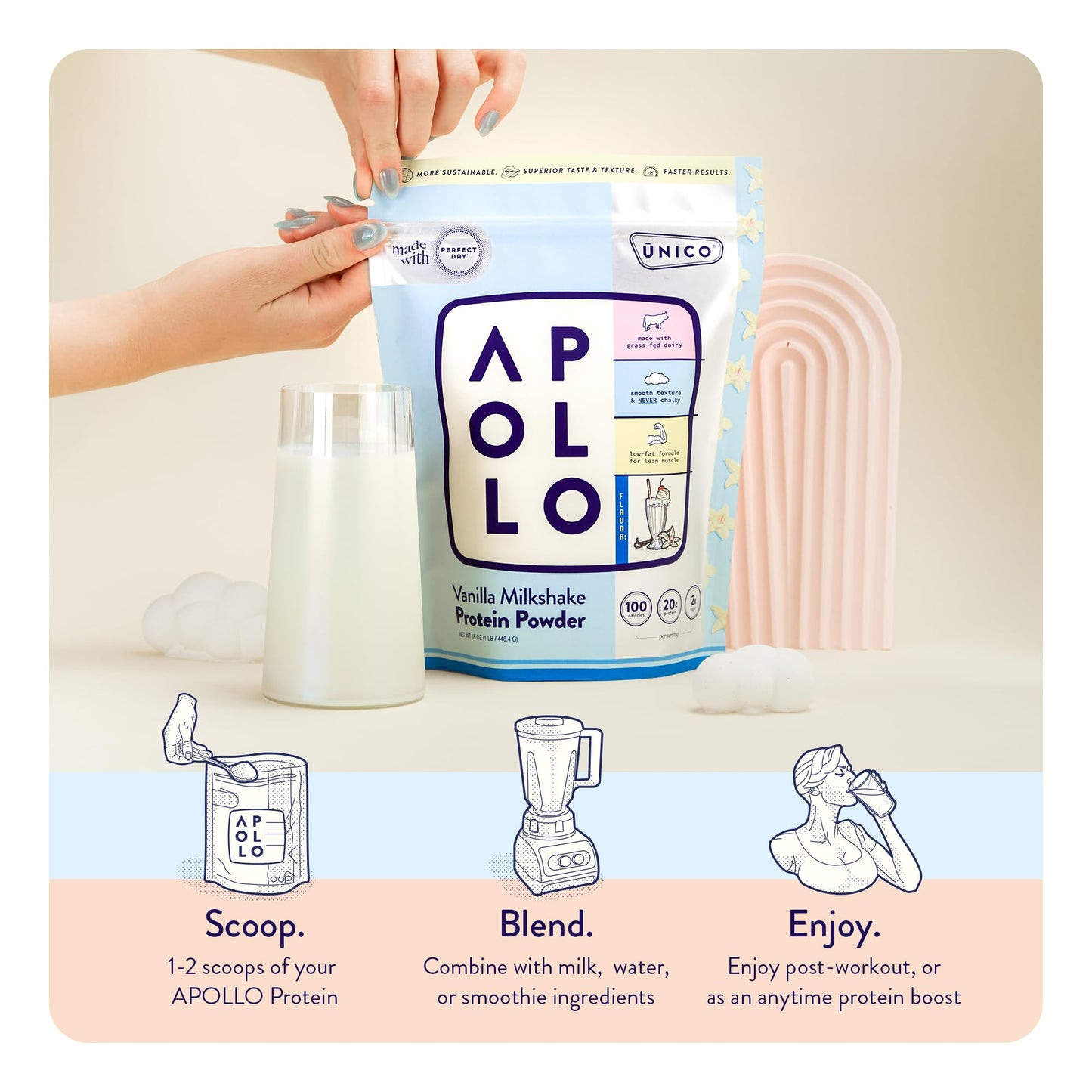 Unico Apollo Vanilla Milkshake Protein Powder - 100 Calories - 20g Protein - 0g Sugar - Non-Chalky & Easy to Digest - Whey/Casein Blend - Keeps You Full & Reduces Cravings | Great for Weight Loss