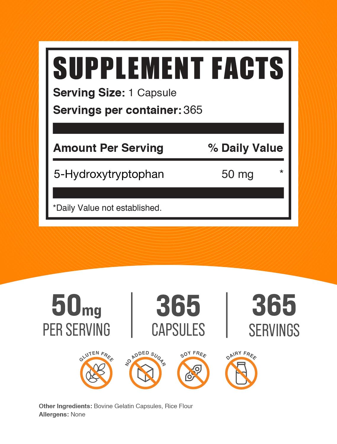 BulkSupplements.com 5-HTP Capsules - 5-Hydroxytryptophan, 5-HTP 50mg - 5 HTP Supplement for Well-Being - Amino Acid & Gluten Free, 1 Capsule per Serving, 365 Capsules (Pack of 1)