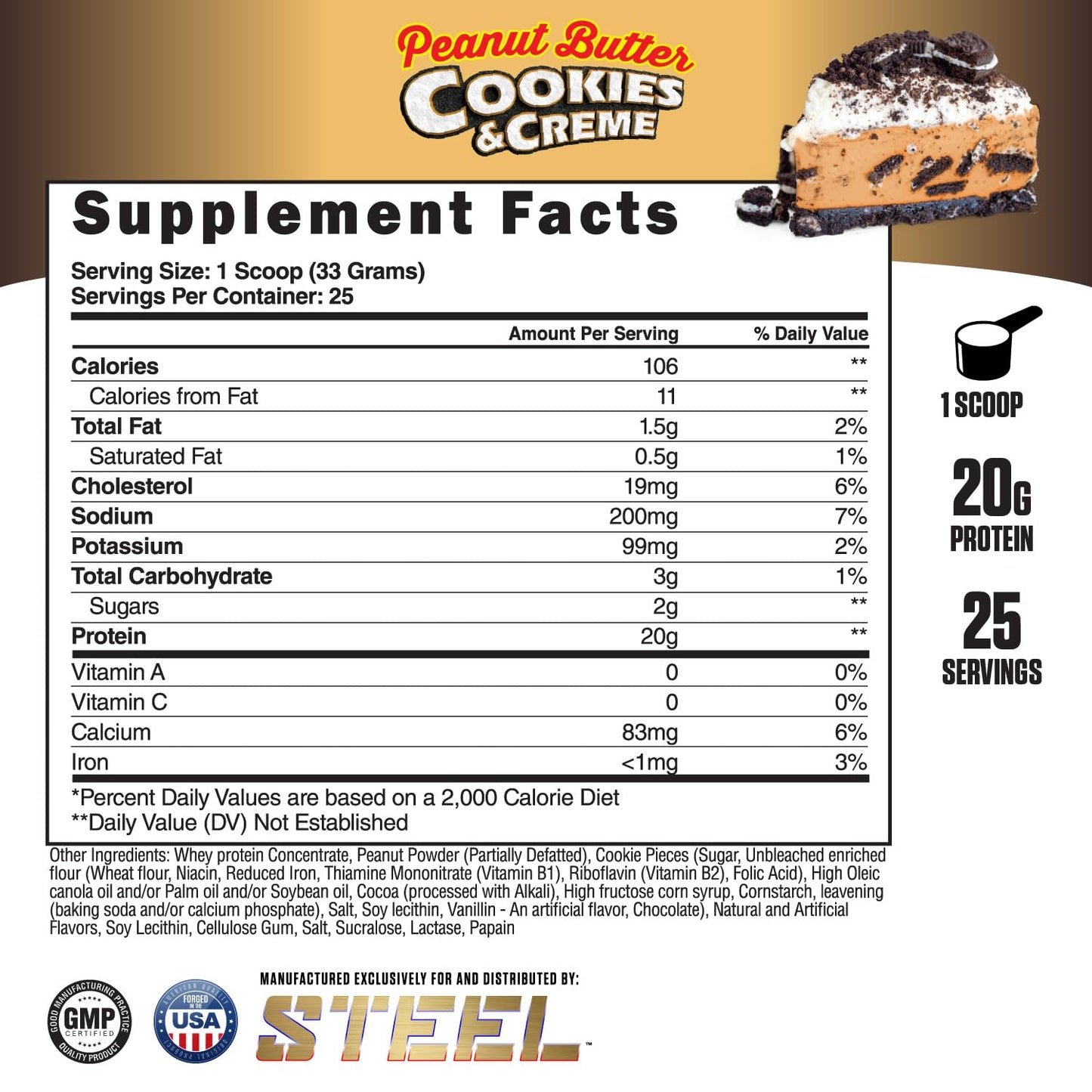 Steel Supplements Whey-Pro | Whey Protein Powder for Men and Women | Peanut Butter Cookies & Creme | 25 Servings (1.82lbs) | BCAA Amino Acids | Essential Amino Acids | Gluten Free | Low Carb