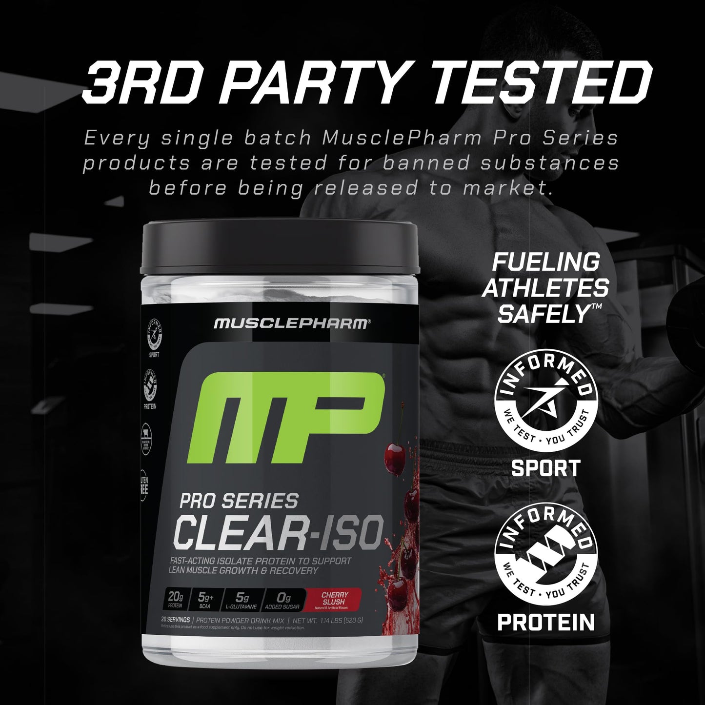 MusclePharm Pro Series Clear-ISO, Clear Protein Powder, 20g Fast-Acting Whey Isolate per Serving Plus BCAAs & L Glutamine | Pro-Grade Muscle Recovery & Growth | Cherry Slush, 1.14 lb, 20 Servings