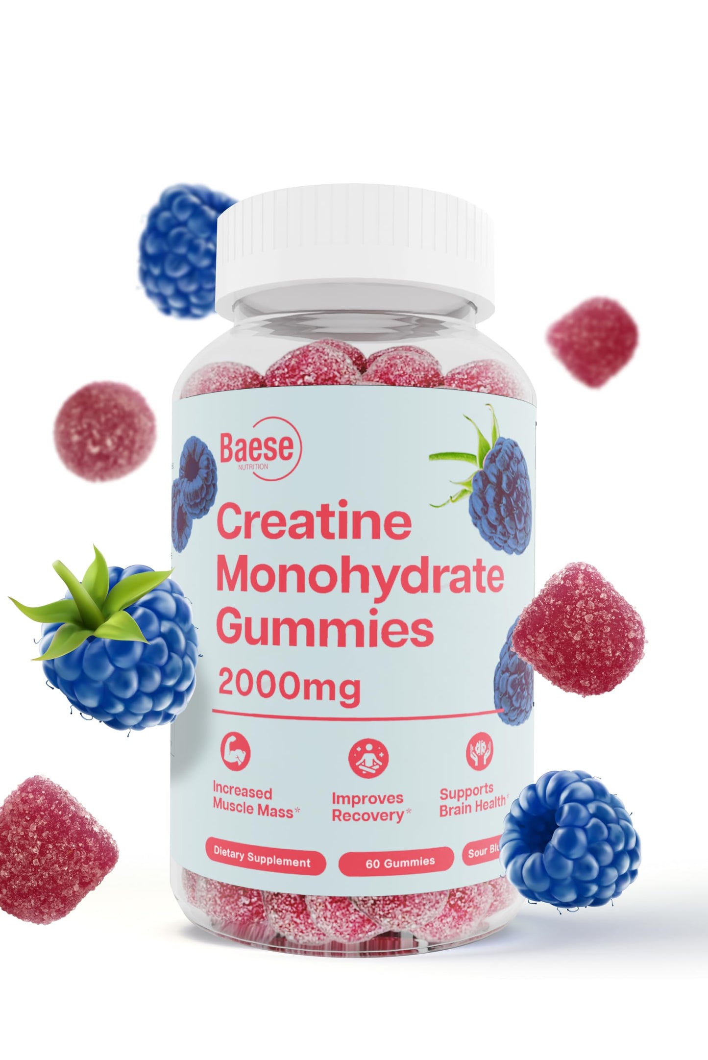 Baese Nutrition Creatine Monohydrate Gummies for Men & Women - High Purity Sour Blue Raspberry- Chewable Creatine Infused Gummy for Muscle Strength & Energy Boost, Bioavailable Pre-Workout Supplement