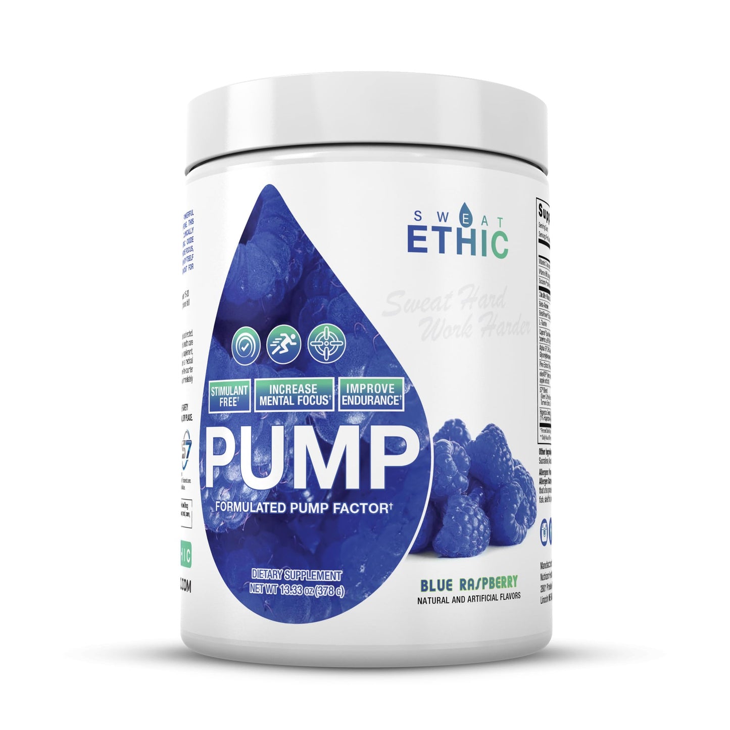 Sweat Ethic Pump Pre Workout Powder, Caffeine Free Pre Workout With Citrulline Malate, Betapower, Beta Alanine, Capros Indian Gooseberry, and Alpha Gpc, Easy to Mix, Blue Raspberry Flavor, 42 Servings