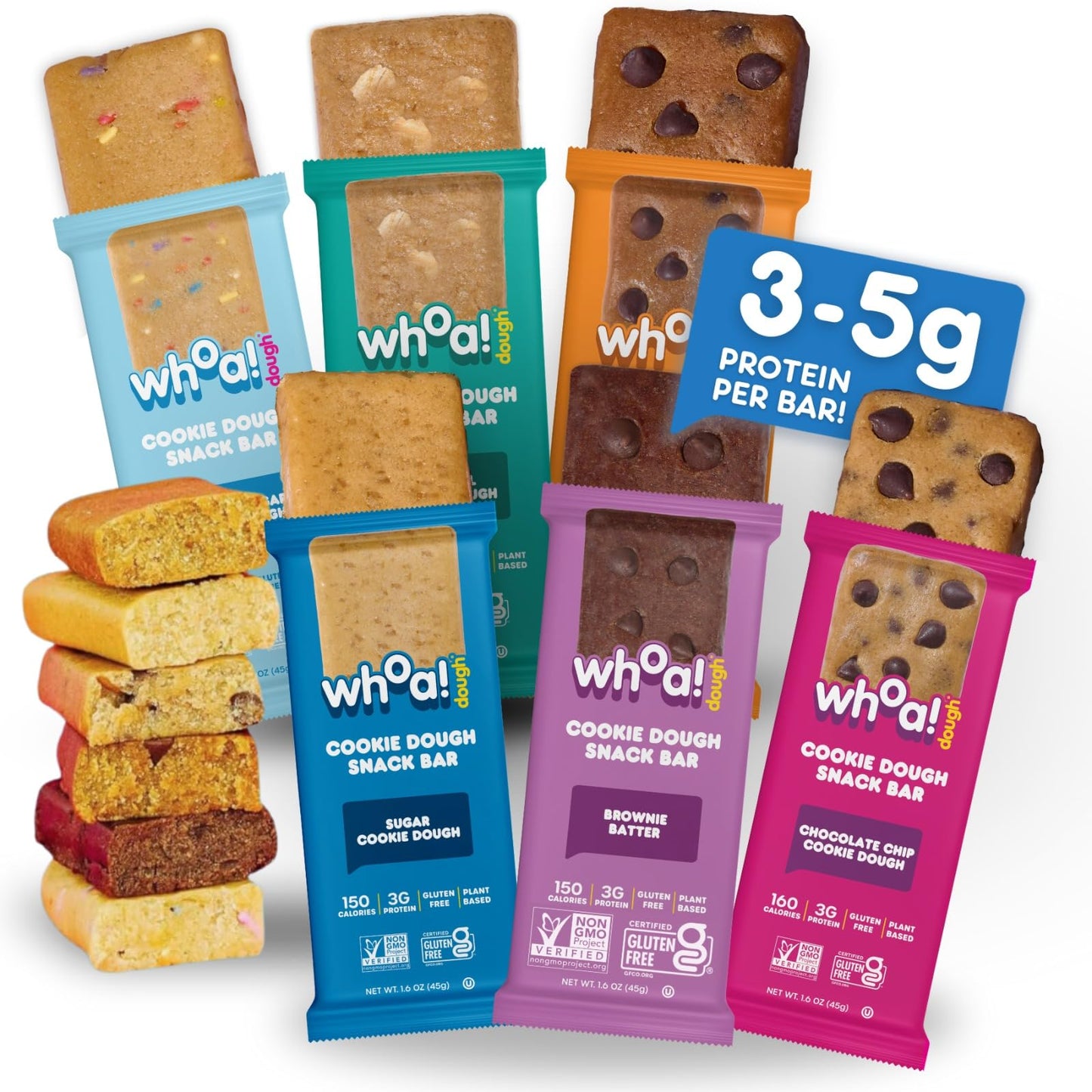 Whoa Dough Edible Cookie Dough Bars Certified NonGMO Kosher and Gluten Free Bars Healthy Snack Foods Plant Based Snacks Real Ingredients Variety Pack 6 Bars