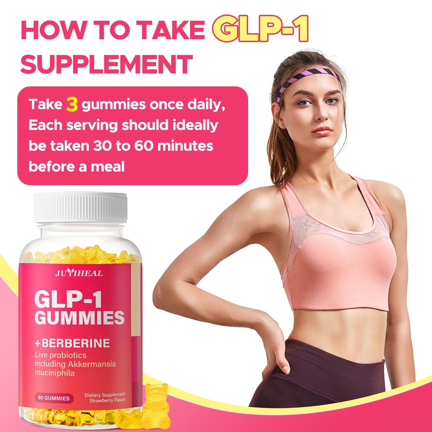 JUYIHEAL GLP-1 Supplement, GLP1 Probiotic Gummy for Women & Men, GLP 1 Gummies with Akkermansia Probiotic, Berberine, No Sugar for Immune, Gut, Energy, GLP-1 Levels, Strawberry Flavor-90 Gummies