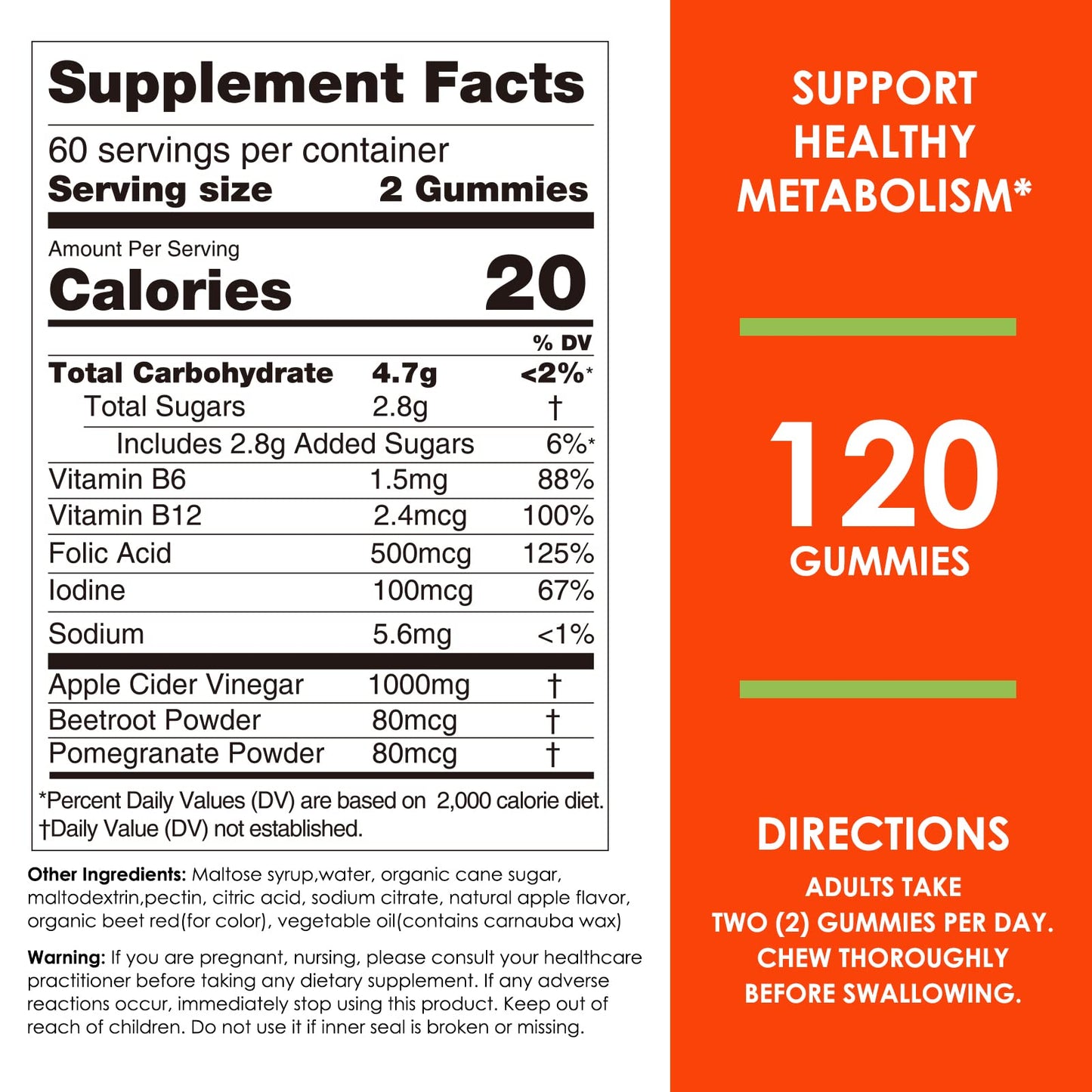 Nature's Key Apple Cider Vinegar Gummies 120 Count ACV Gummy with Folic Vitamin B6 B12 Beetroot & Pomegranate - Vegan, Non-GMO & Gluten-Free