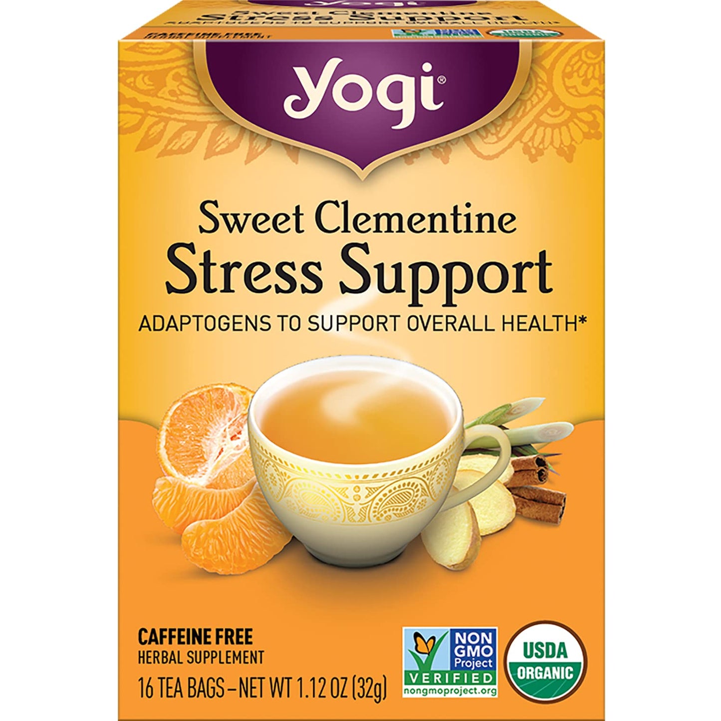 Yogi Tea Sweet Clementine Stress Support Tea 16 Tea Bags per Pack 4 Packs Stress Support Herbal Tea Calming Adaptogen Tea Includes Ashwagandha Root Lemongrass Cinnamon Bark More