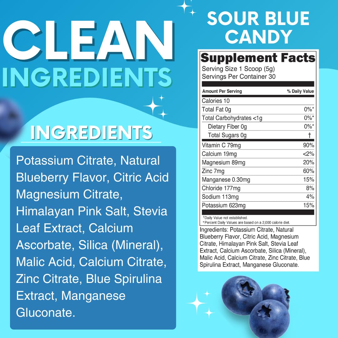 Zero Sugar - Sour Blue Candy Electrolytes Powder - Refreshing Hydration - Caffeine Free Energy - All Natural Ingredients - Vegan, Keto & Paleo - Sugar Free Electrolyte Powder Drink Mix - 30 Servings