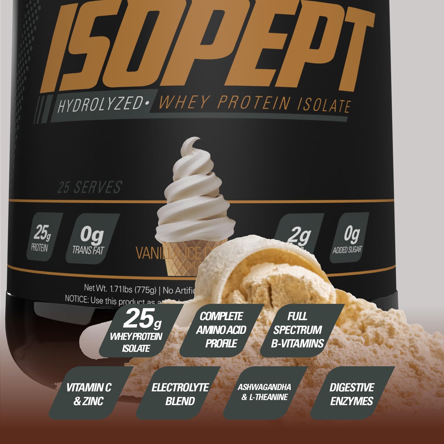 IsoPept Hydrolyzed Whey Protein Powder by EHPlabs - 100% Whey Protein Isolate & Hydrolysate, 27g of Protein, Non-GMO, Gluten Free, Fast Absorbing, Easy Digesting, 27 Serves (Vanilla Ice-Cream)