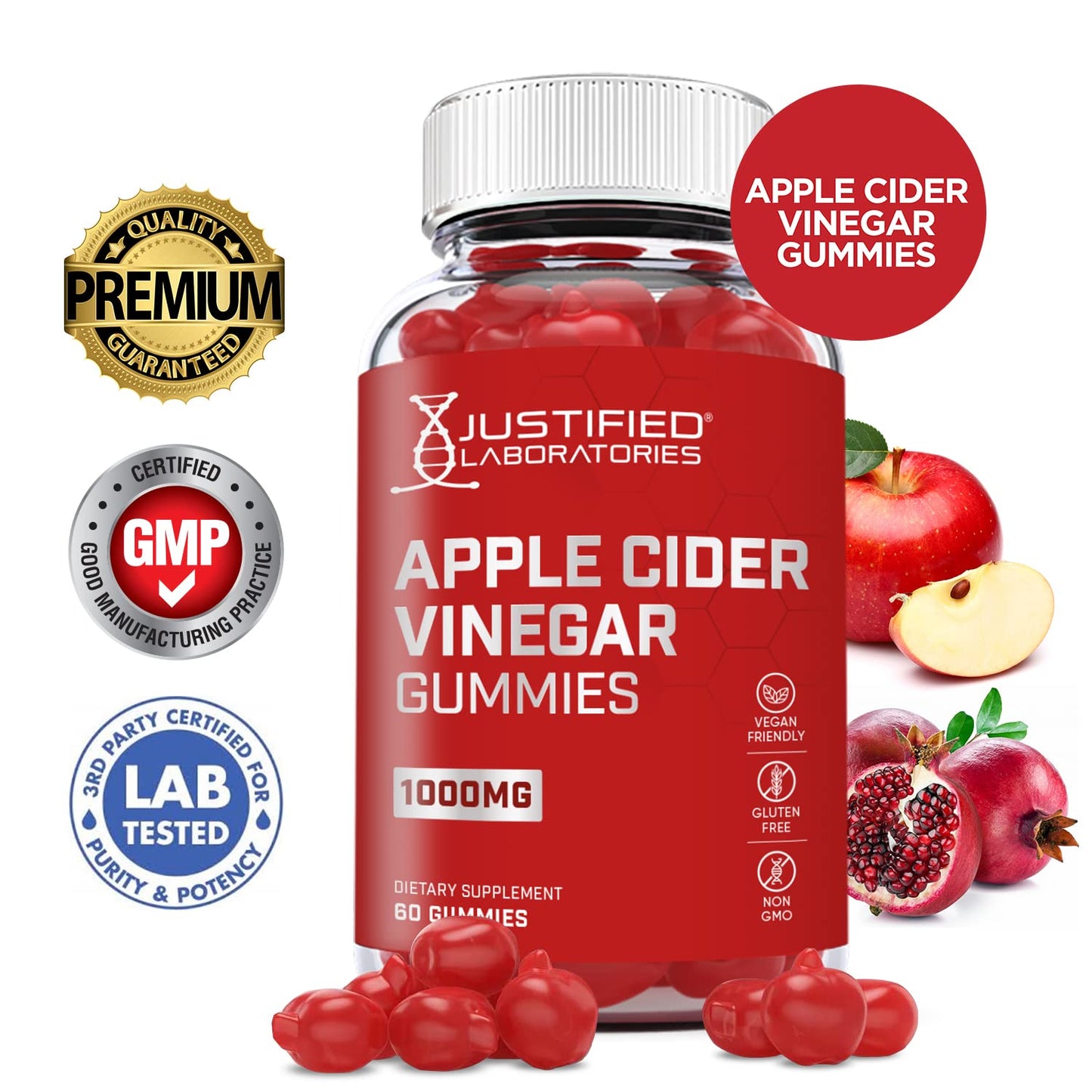 Justified Laboratories (10 Pack) Apple Cider Vinegar Gummies 1000MG ACV Made from The Mother with Pomegranate Juice Beet Root B12 600 Gummys