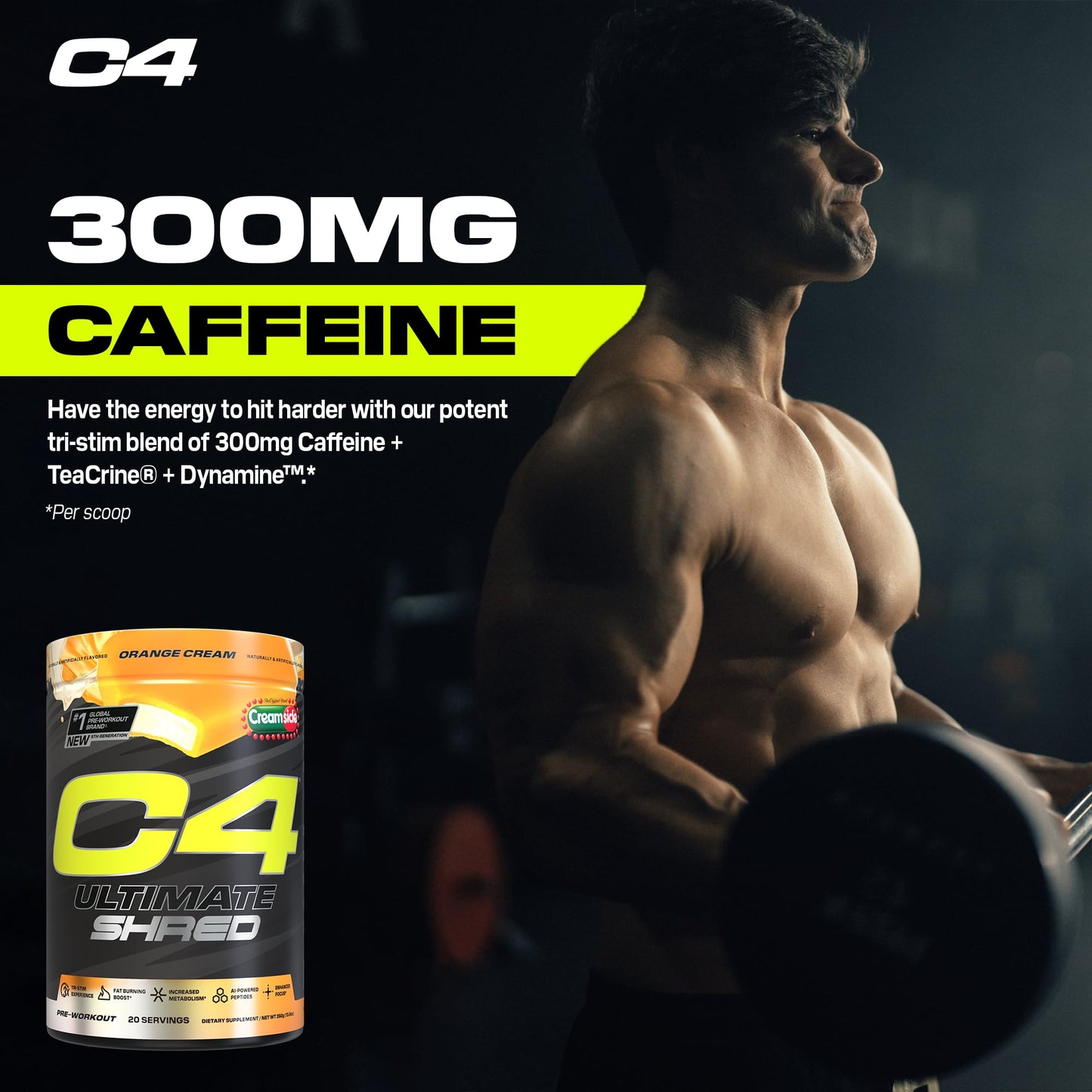 Cellucor C4 Ultimate Shred Pre Workout Powder, Metabolism Supplement with Cayenne Extract+300mg Caffeine+TeaCrine+Dynamine - Orange Creamsicle, 20 Servings
