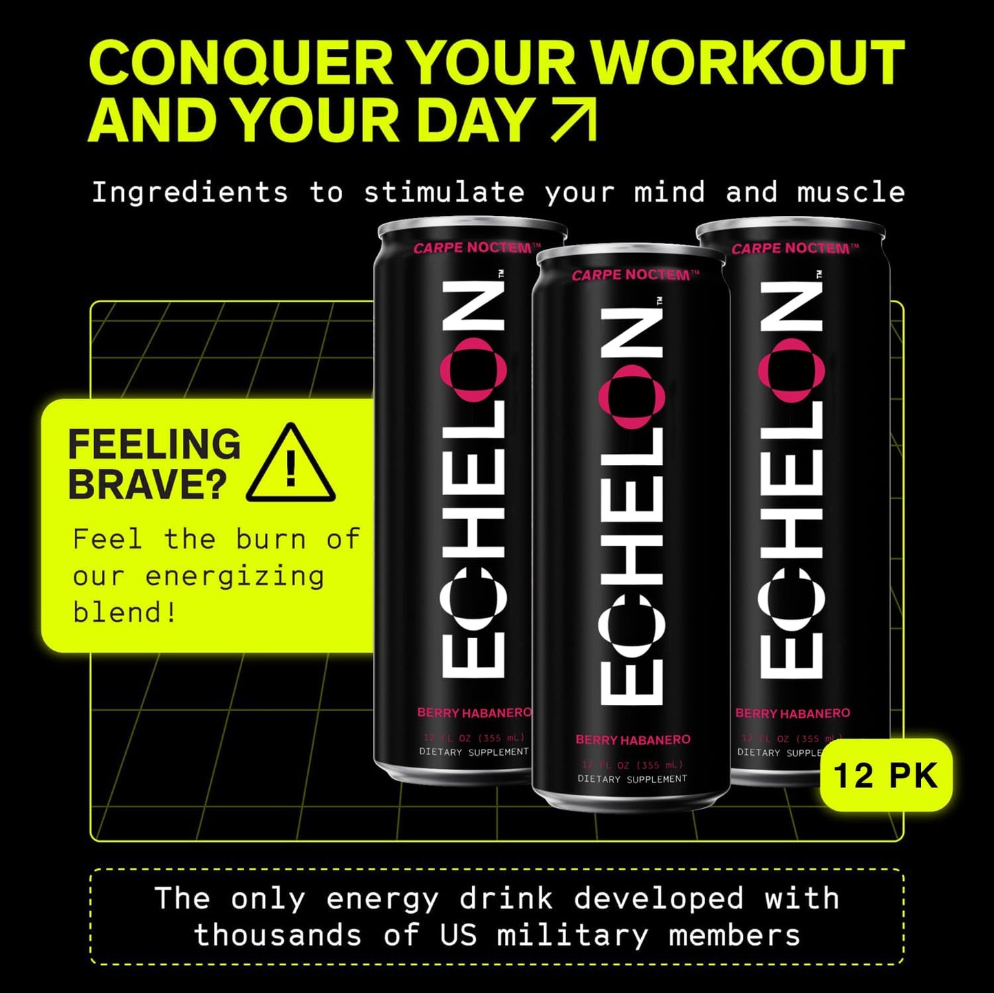 Echelon Pre-Workout Energy Drink - 12-Pack, Berry Habanero - Peak Performance, Sustained Energy, Focus and Endurance Dietary Supplement - 300mg of Caffeine, Beta-Alanine, L-Theanine & Fiber - Vegan