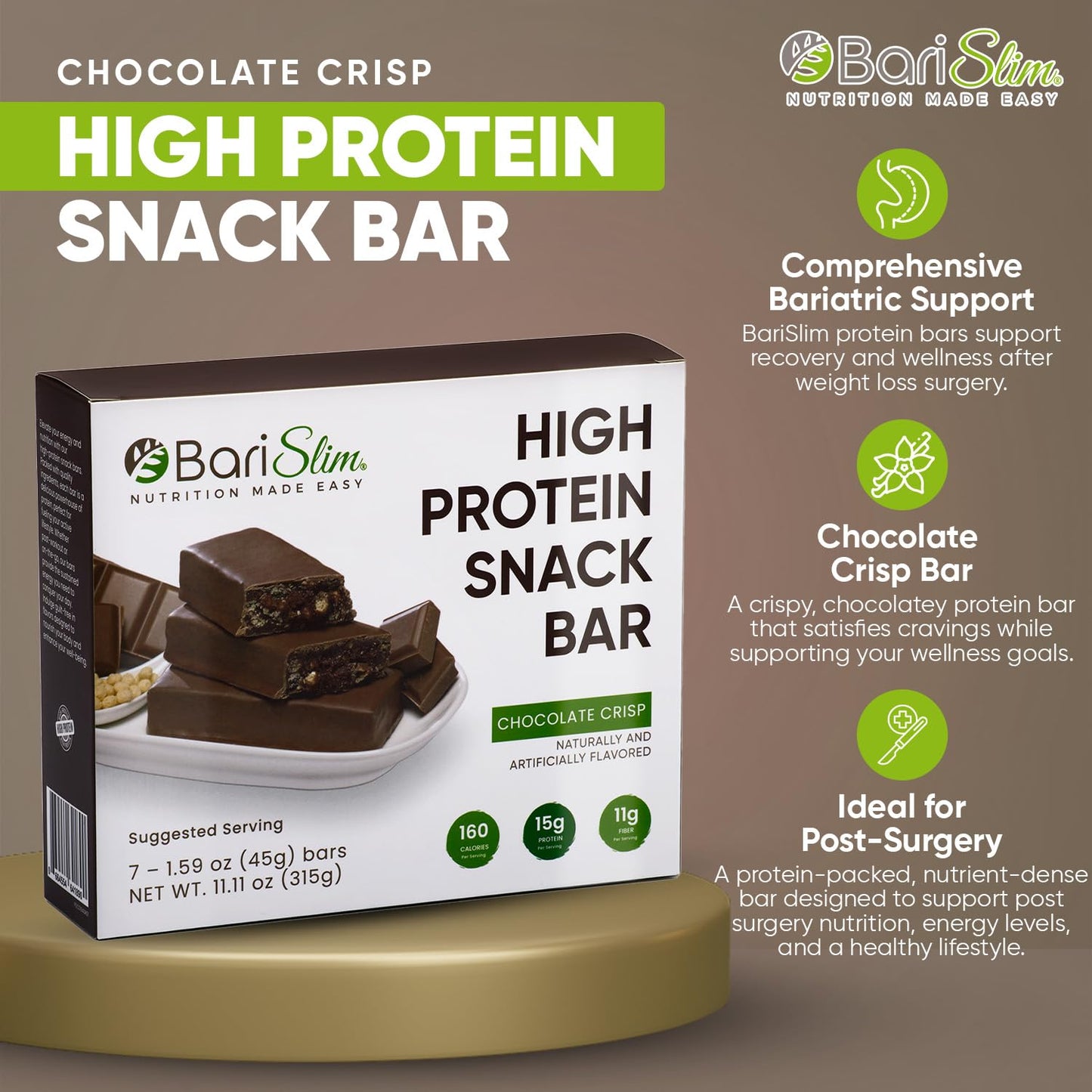 BariSlim High Protein Snack Bar for Bariatric Patients - Nutrient Rich Snack for Post-Surgery Wellness - Ideal for Weight Loss Maintenance & Daily Nutrition | Chocolate Crisp Bar (13 oz)