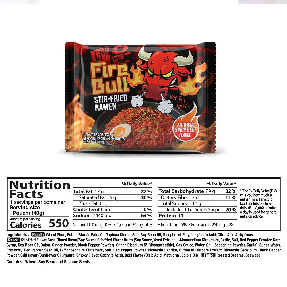 Fire Bull Ramen Intense Spicy StirFried Ramen Authentic Korean Heat Meets Flavorful Delight Thick Chewy Noodles Quick Easy Meal 4 Pouches