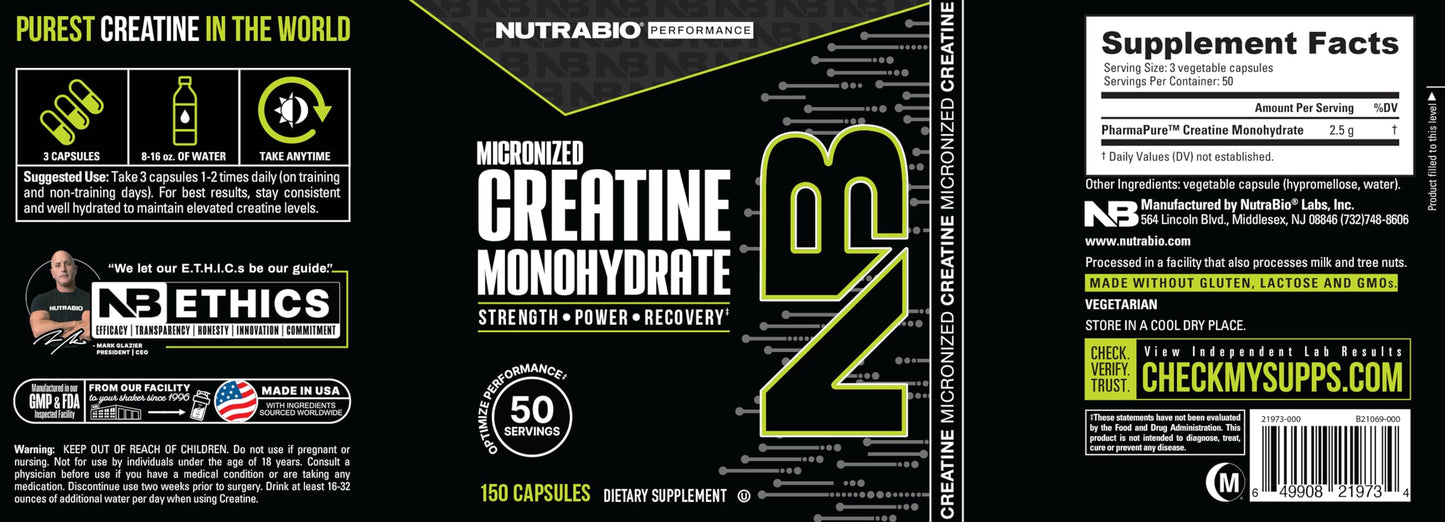 NutraBio Micronized Creatine Monohydrate Capsules, Creatine Monohydrate Pills, Kosher, Creatine Supplements Supports Muscle Energy, Strength, and Growth for Men and Women, 2500mg, 150 Capsules