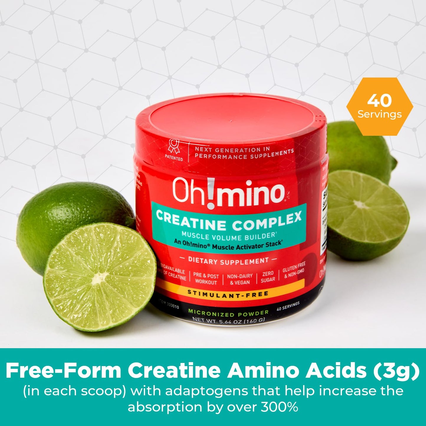Oh!mino Creatine Powder for Muscle Growth - Pre & Post Workout Muscle Recovery Supplement, Micronized Creatine Monohydrate & Hydrochloride Blend - Vegan, Zero Sugar - 160g, 40 Servings (Lemon Lime)