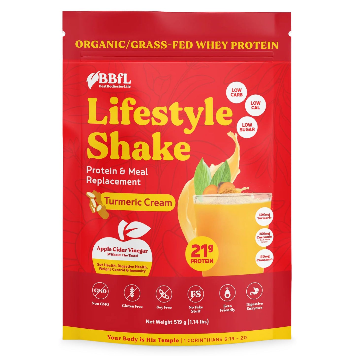Best Bodies for Life - Meal Replacement Powder with A Shot of Apple Cider Vinegar - 15g Organic Grass Fed Whey Protein Lifestyle Shake - 15 Servings, Turmeric Curcumin Cream