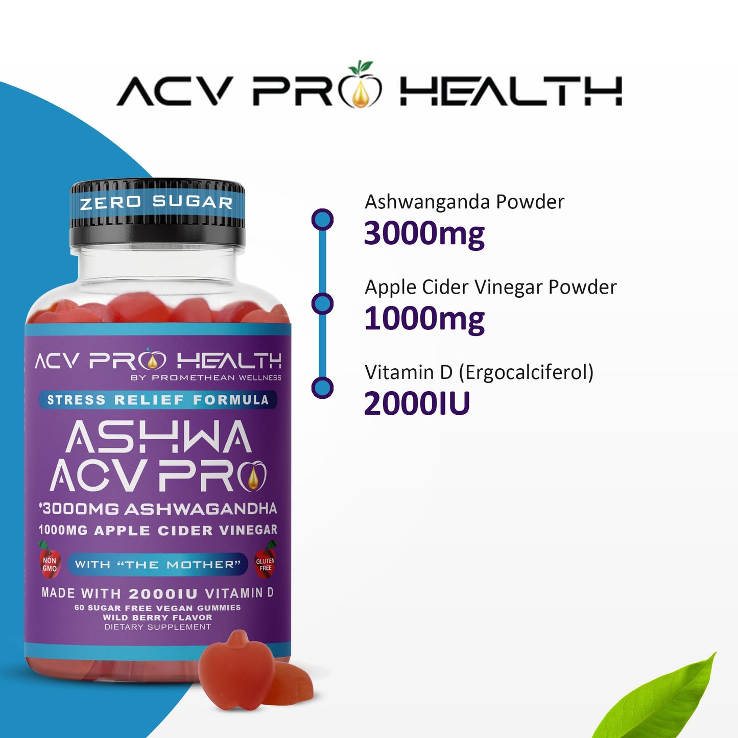Ashwa ACV Pro Health - Sugar Free Apple Cider Vinegar Gummies, Ashwagandha Gummies, Advanced Keto ACV Gummies, Ashwagandha Supplements with Vitamin D, Stress Relief Supplement,1g Carbs Per Gummy Golo