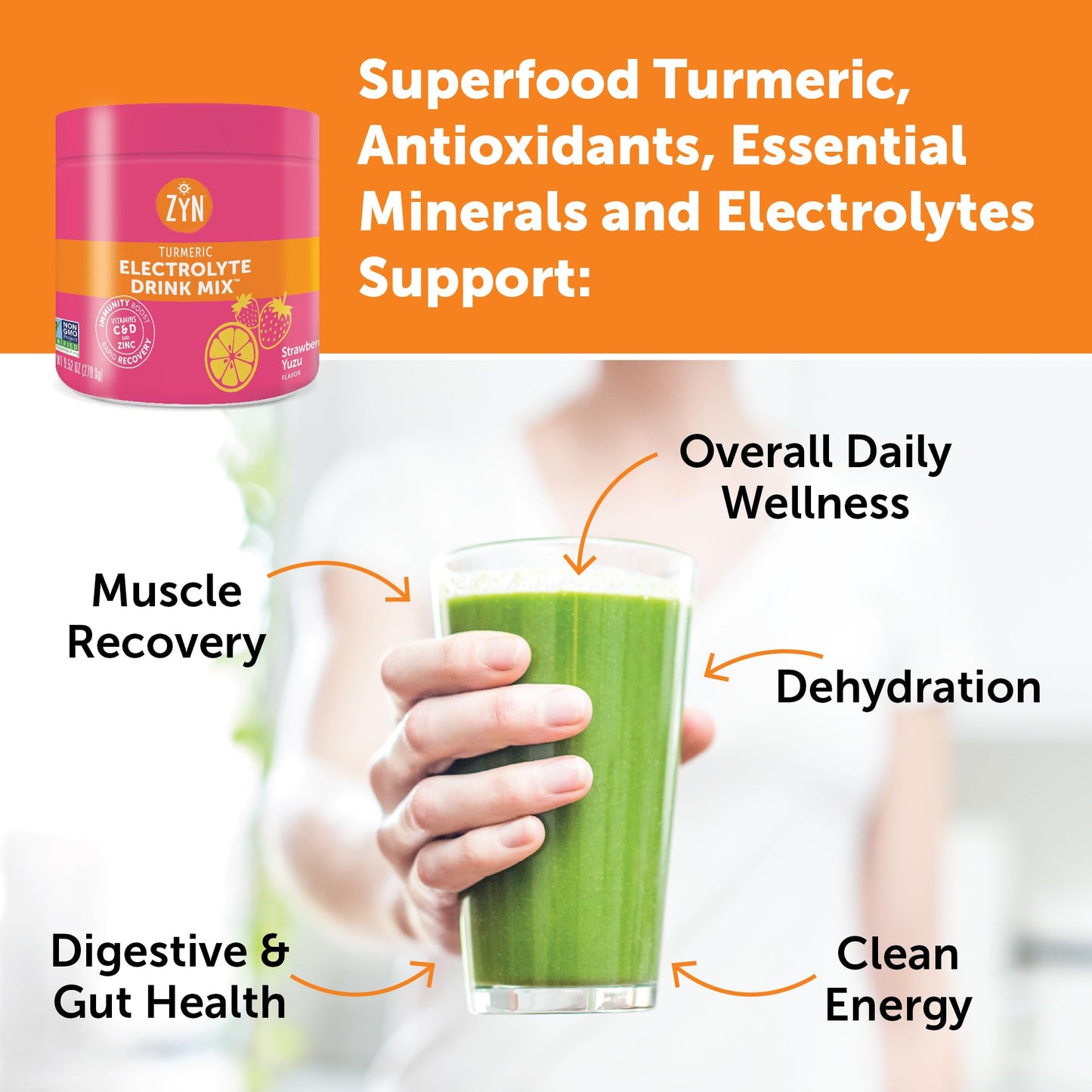 ZYN Electrolyte Hydration Drink Mix (30 Servings), Strawberry Yuzu Electrolytes Powder, Hydrating Formula w/Turmeric Curcumin, Vitamin C & D, Zinc, Electrolyte Support Drink Mix