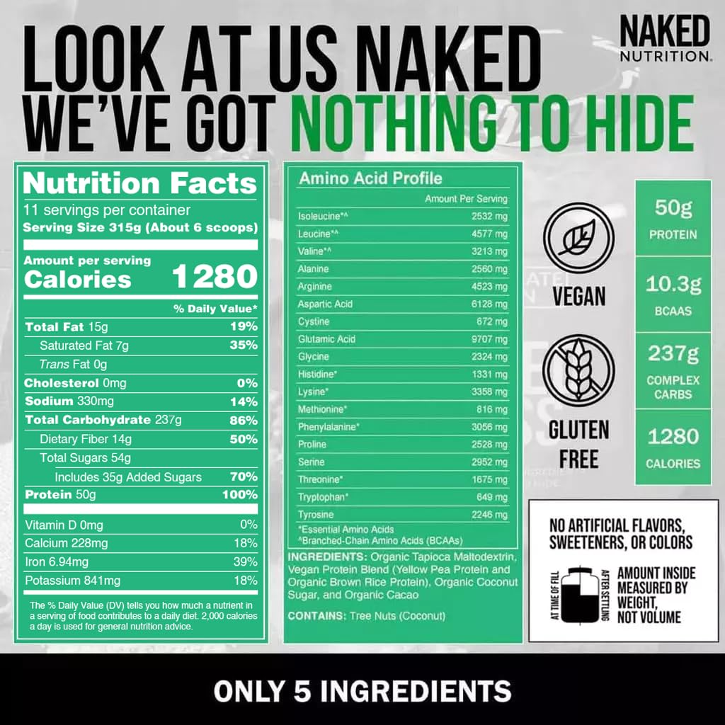 Naked Mass - Chocolate Vegan Weight Gainer - 8Lb Bulk, GMO Free, Gluten Free, Soy Free & Dairy Free. No Artificial Ingredients - 1,280 Calories - 11 Servings