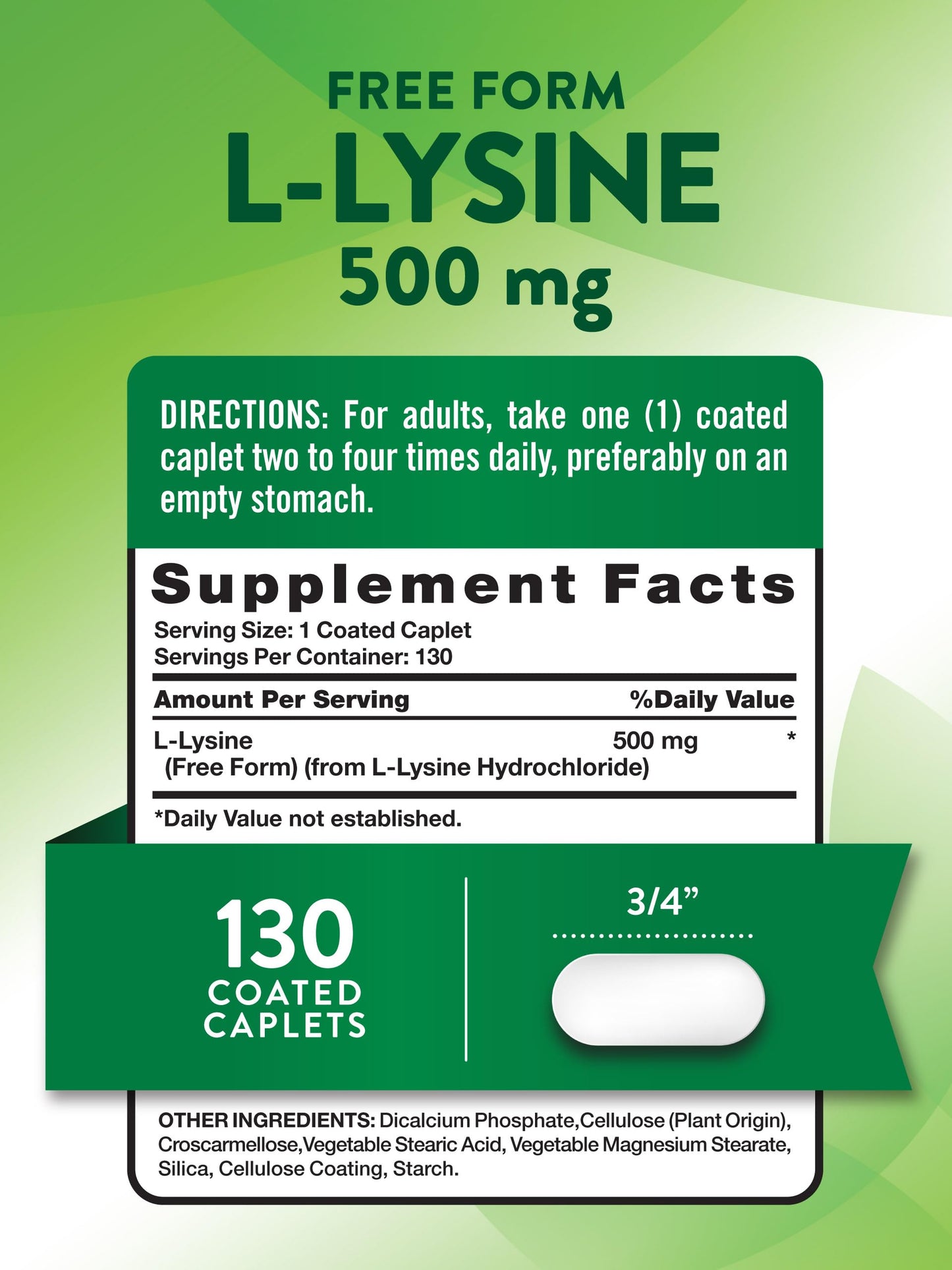 Nature's Truth L-Lysine 500mg | 130 Coated Caplets | Free Form | Essential Amino Acid | Vegan, Non-GMO, & Gluten Free Supplement