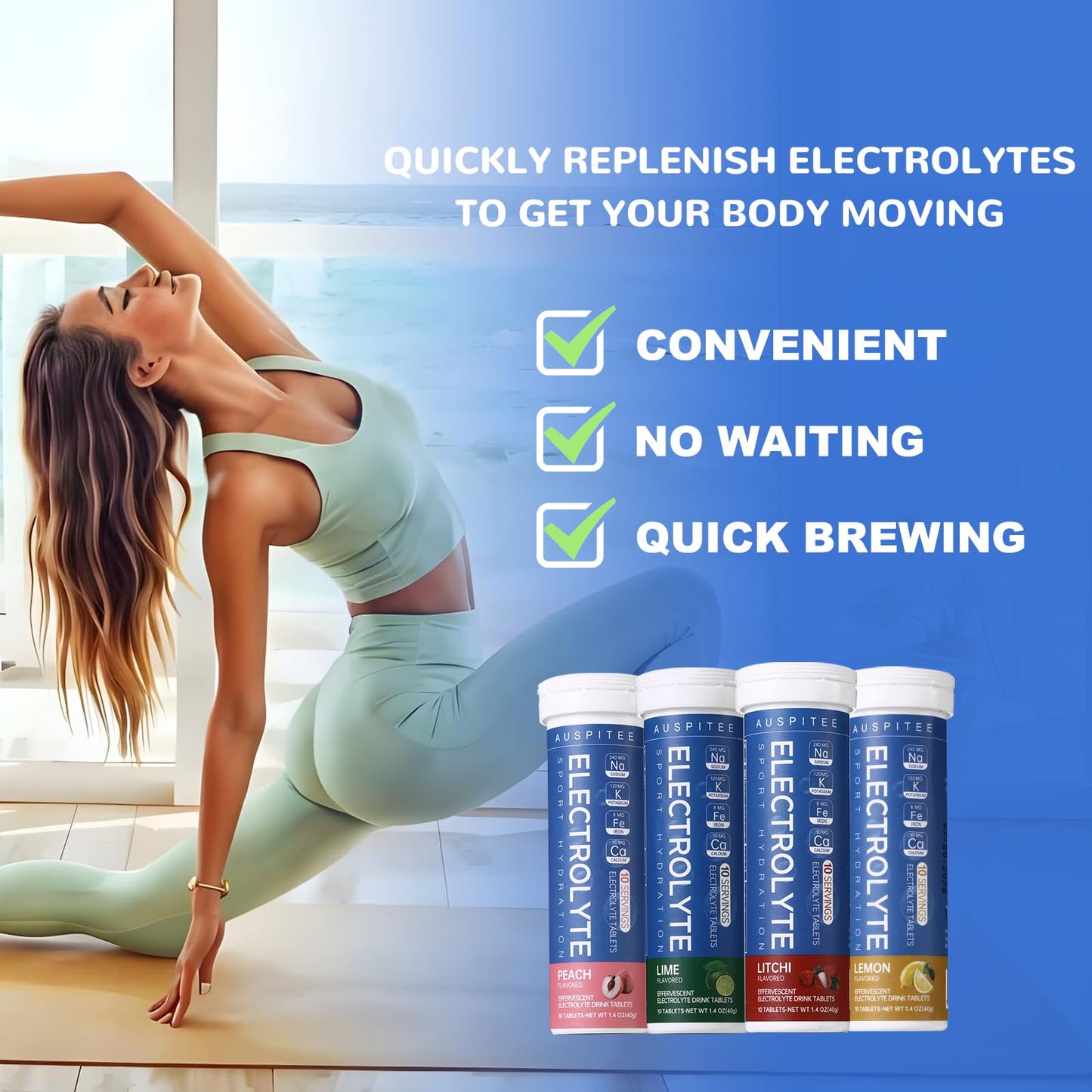 AUSPITEE Sports Nutrition Electrolyte Tablets - Electrolyte Drinks That Dissolve in Water, 4 Electrolyte Tablets & 4g | Vegan, Non-GMO | 4 Packs (40 Servings)