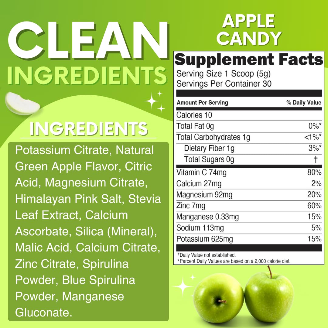 Zero Sugar - Apple Candy Electrolytes Powder - Refreshing Hydration - Caffeine Free Energy with All Natural Ingredients - Vegan, Keto, and Paleo - Sugar Free Electrolytes Drink Mix - with 30 Servings