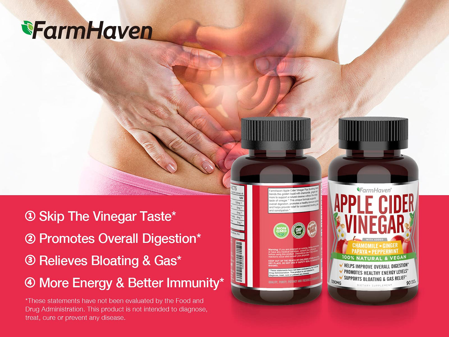 FarmHaven Apple Cider Vinegar Capsules with Mother, ACV Capsules with Mother 1390MG, Apple Cider Vinegar Pills with Ginger, Apple Vinegar Pills for Digestion Healthy, Vinegar Tablets with Mother