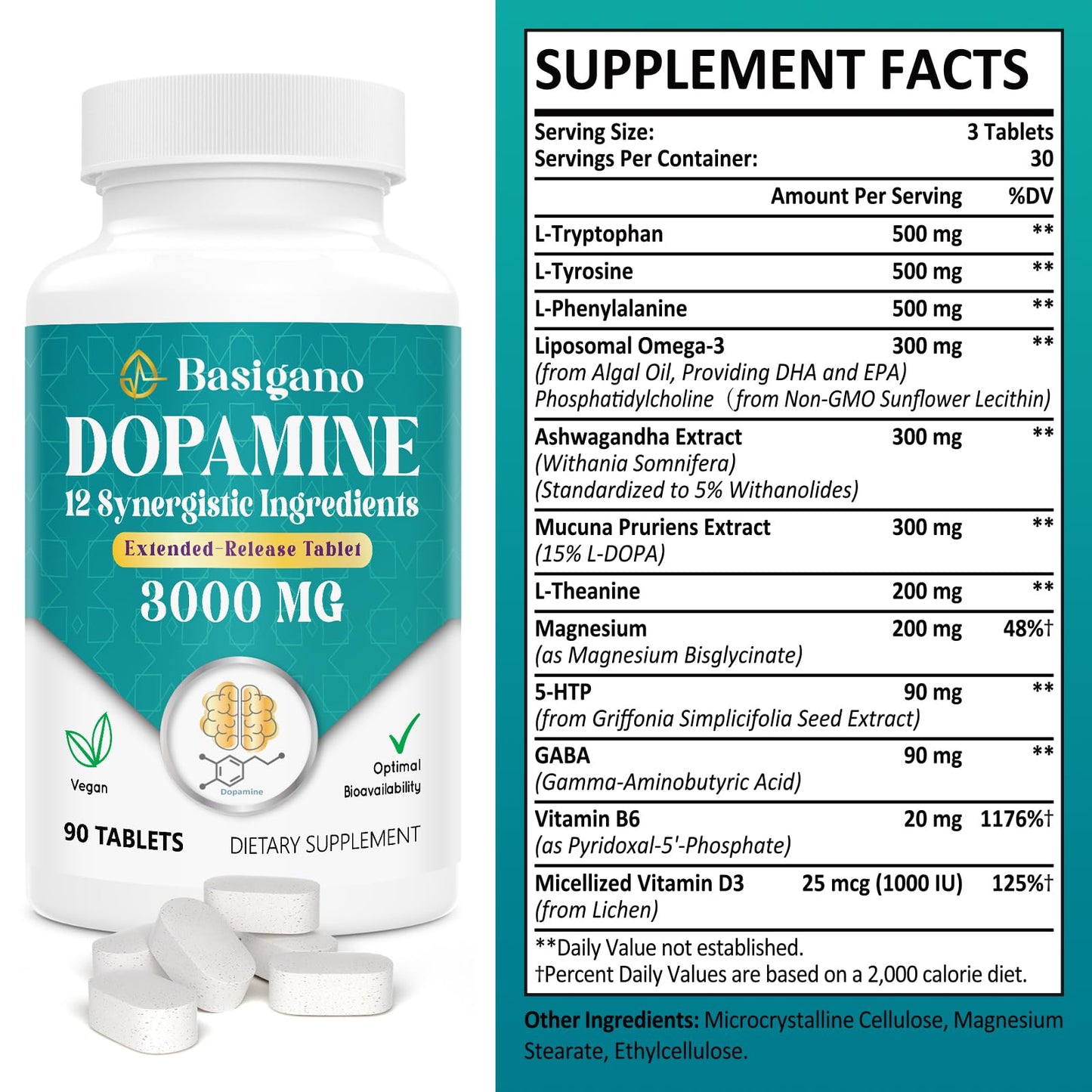 Basigano Natural Dopamine Supplement for Energy, Focus, Motivation, Mental Alertness, Mood, and Stress - Non-GMO, Gluten-Free - 90 Tablets