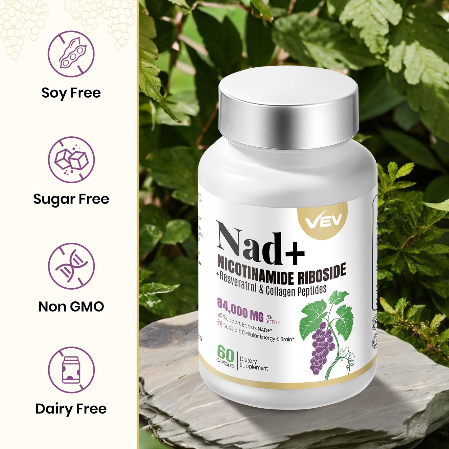 VEV NAD+ Supplement with Resveratrol & Collagen - Supports Cellular Energy & Healthy Aging, Liposomal NAD Capsules for Enhanced Absorption - 120 Capsules