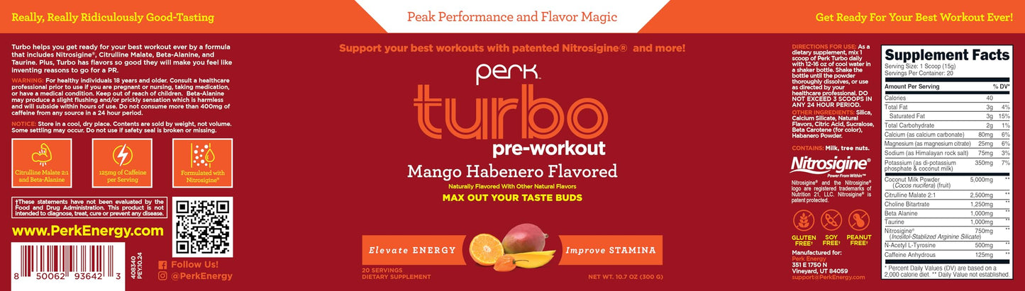 Perk Turbo Pre-Workout Powder (Mango Habenero Flavored) 20 Servings - Gluten-Free