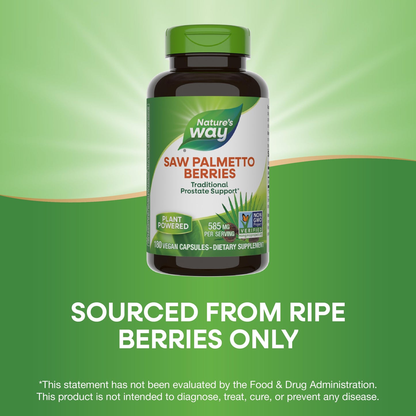 Nature's Way Saw Palmetto Berries, Traditional Prostate Support*, 585 mg per Serving, Non-GMO Project Verified, Vegan, 180 Capsules (Packaging May Vary)