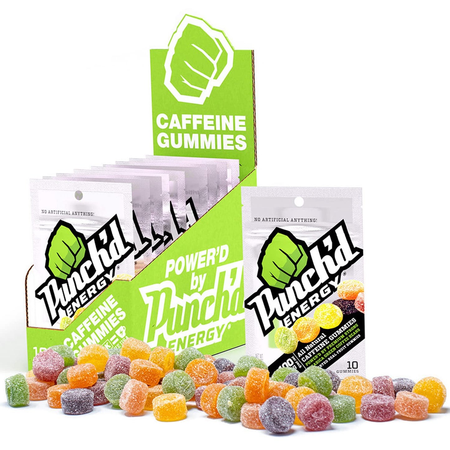 Punch'd Energy, All Natural Caffeine Gummies, 10 Gummies = 100mg of Caffeine per Pack (Box of 10) Clean Label, Green Coffee Energy Chews, Ultra Low Glycemic, Low Calorie, Vitamin C