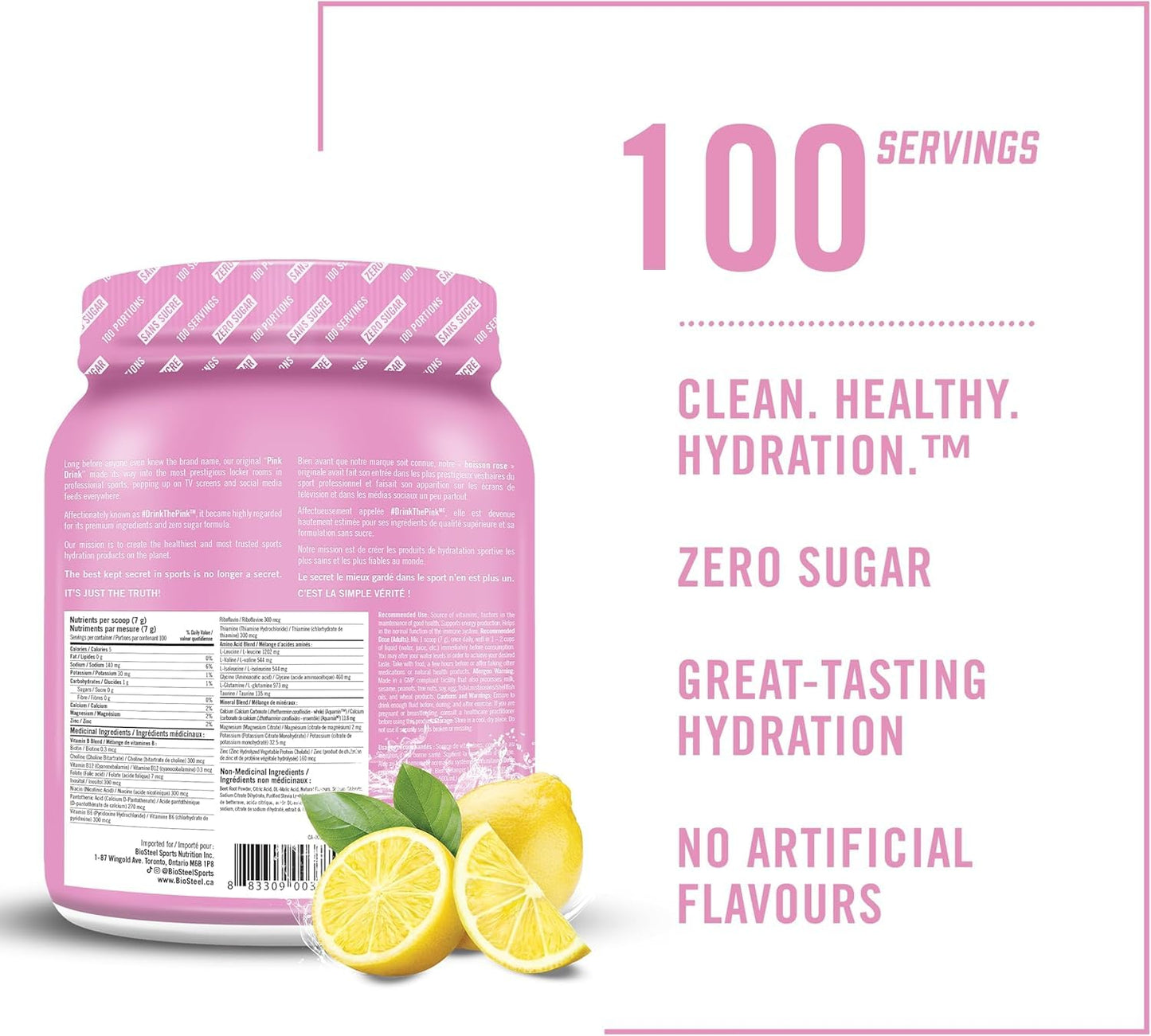 BIOSTEEL Zero Sugar Hydration Mix, Great Tasting Hydration with 5 Essential Electrolytes, Pink Lemonade, 100 Servings per Tub