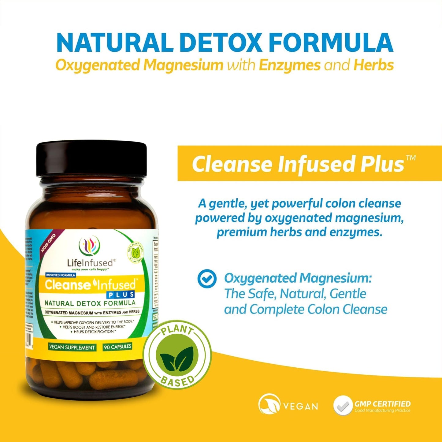 Life Infused Cleanse Infused Plus - Premium Natural Colon Cleanser with Oxygenated Magnesium, Herbs, and Enzymes, Helps Relieve Constipation Gently, Detoxifies Blood, Colon, Liver & Kidneys (90 Caps)