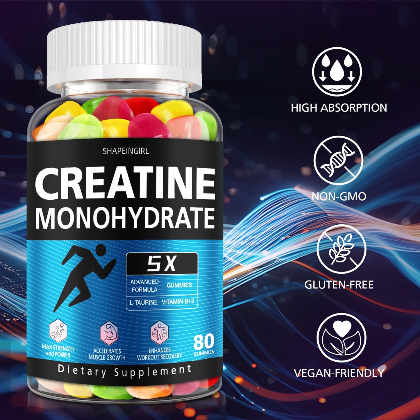 Creatine Gummies for Women and Men - Creatine Monohydrate Gummies , Gummies Supplements with Vitamin B12 for Muscle Gain, Strength, Energy Boost, Sugar Free, Vegan, Flavored Chewable 80 Count