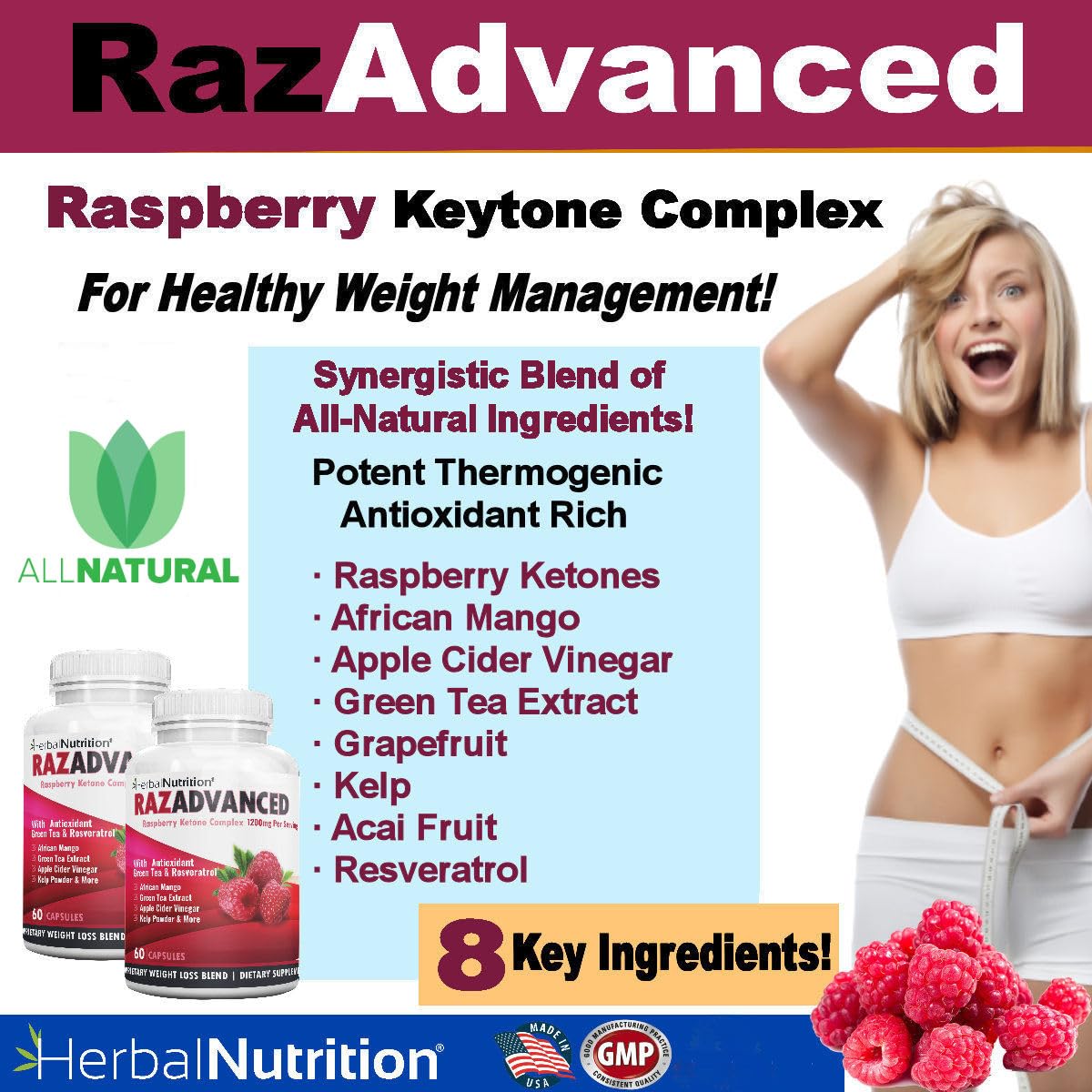 Raspberry Ketones Complex, 120 Capsules, Two Pack, 1200mg Per Serving African Mango, Apple Cider Vinegar, Green Tea, Resveratrol, Acai Fruit, Kelp, and Grapefruit Diet & Weight Management Supplement