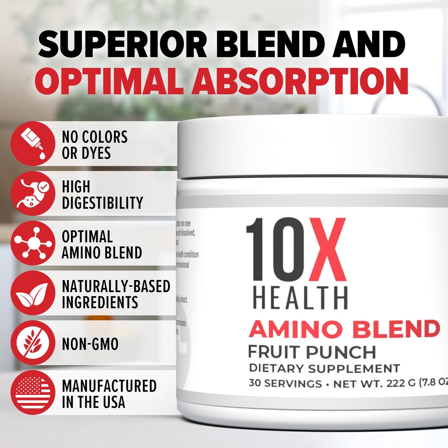 10X Health Amino Blend Fruit Punch - Contains EAA and BCAA Amino Acids Supplement - Essential Amino Acids Powder for Men and Women, Pre and Post-Workout Amino Energy Boost - 30 Servings