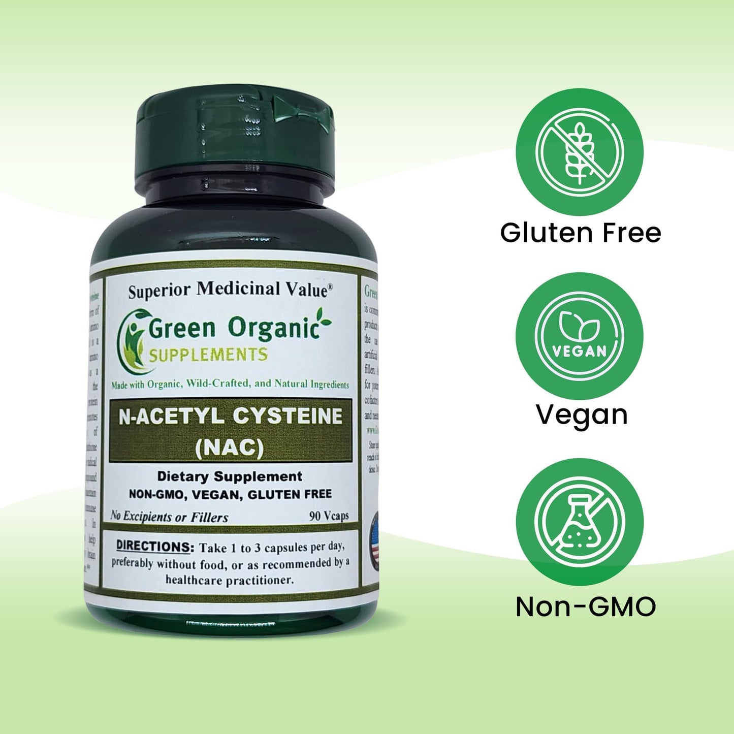 Green Organic Supplements' N-Acetyl Cysteine (NAC), 90 VCaps, High Absorbable, Non-GMO, Gluten-Free | Balance Immune System and Supports Health (Pack of 1)