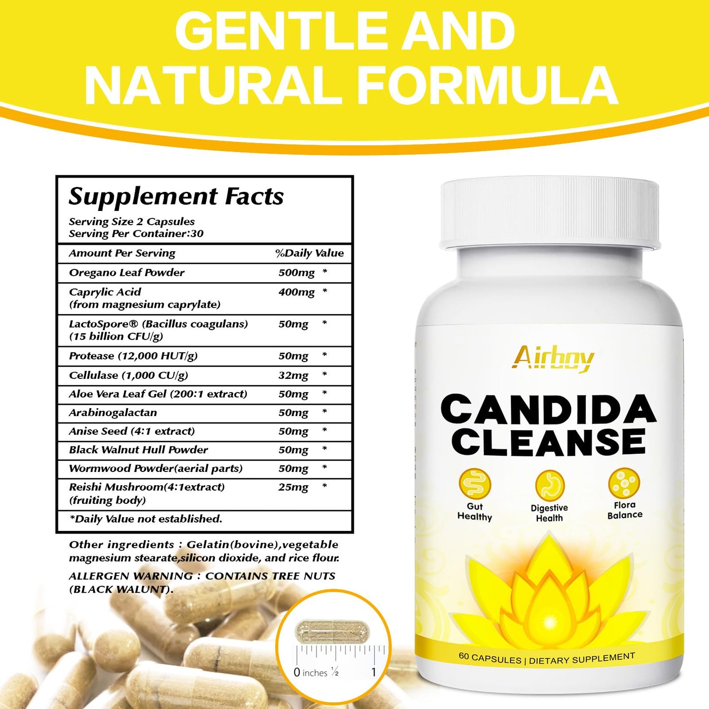 Airboy Candi Cleanse,Gut Colon Cleanse Detox for Women & Men,Candi Support with Oregano Leaf, Caprylic Acid,Wormwood, Black Walnut-60 Counts x 2 Pack