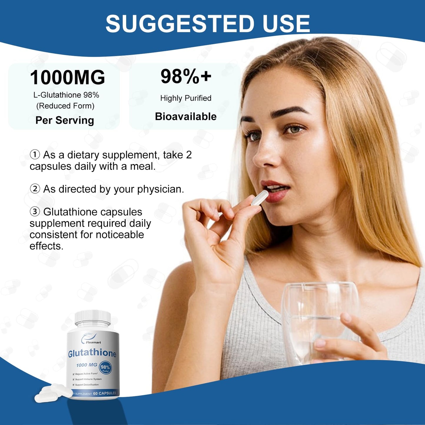 Fleamart Glutathione Supplement 98%+ Highly Purified and Bioavailable - Skin Care & Detoxification L-Glutathione 1000mg Immune & Liver Support - Made in The USA 60 Capsules