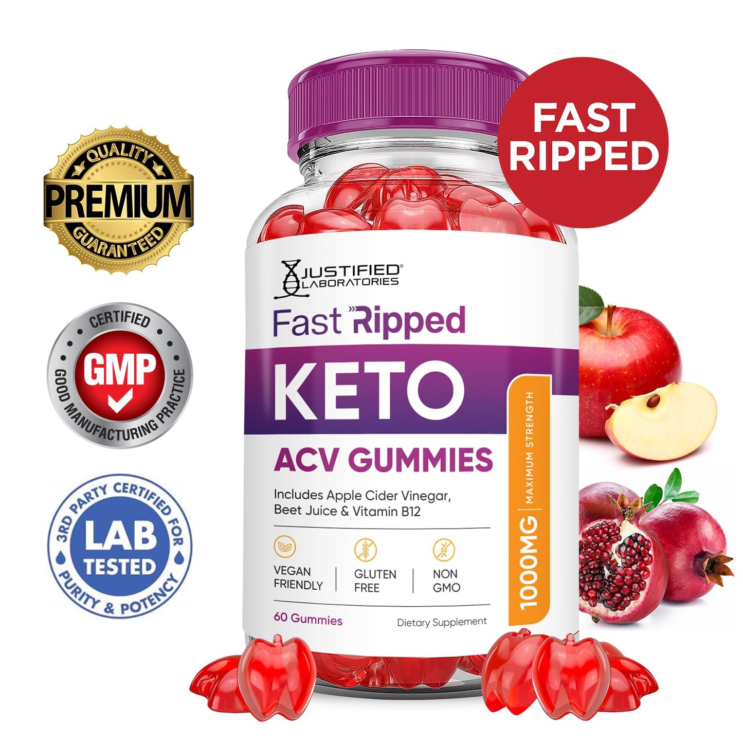 (5 Pack) Fast Ripped Keto ACV Gummies Advanced Formula 1000MG Fast Ripped Keto Gummies Apple Cider Vinegar Formulated with Pomegranate Beet Juice Powder B12 Vegan Non GMO 300 Gummys