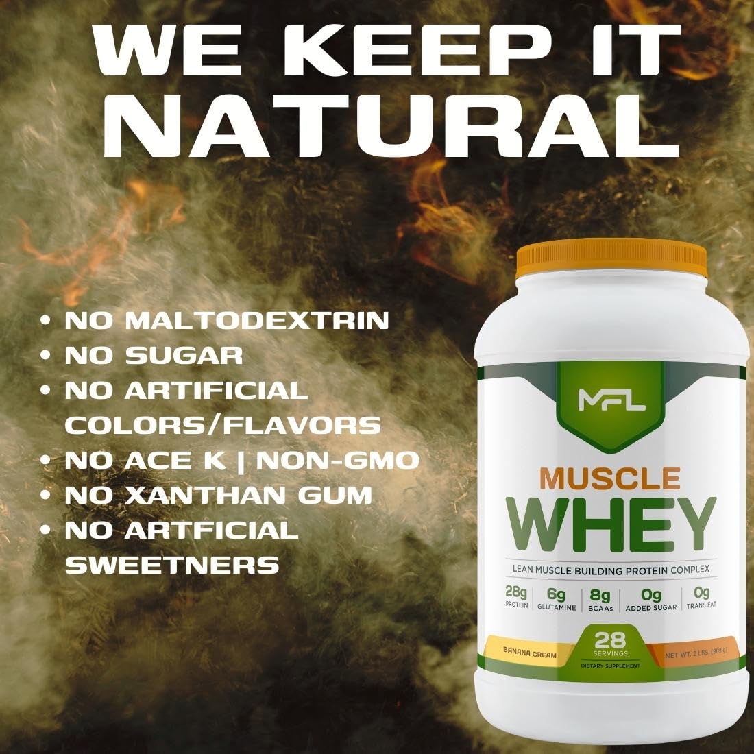 MFL Muscle Whey Protein l 28g of Protein l 8g BCAAs l Keto Friendly l Low Carbs l 2 lbs (Vanilla Bean)