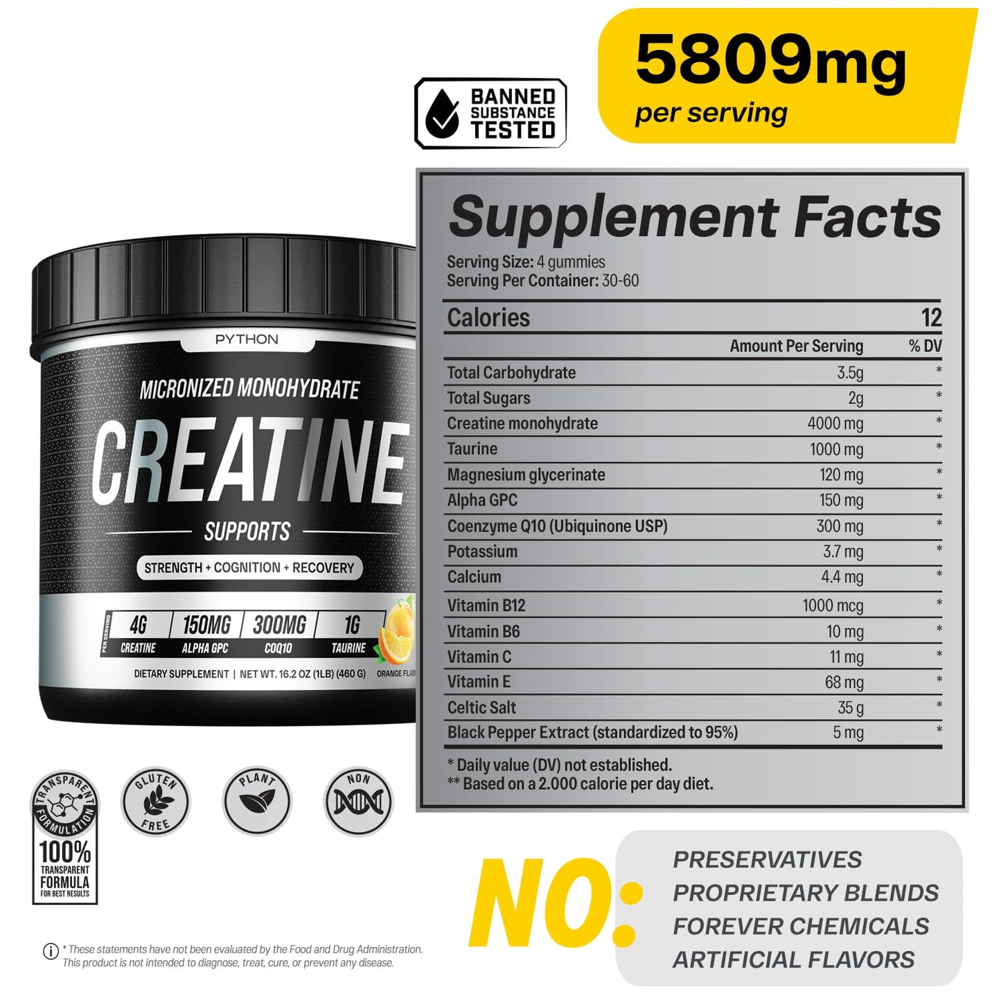Python Creatine Monohydrate Gummies 5800mg per Serving - Taurine, Alpha GPC, CoQ 10, Magnesium Electrolytes & Vitamins - Faster Muscle Growth, Recovery - Gluten-Free, Vegan (Natural Orange, 120 Count)