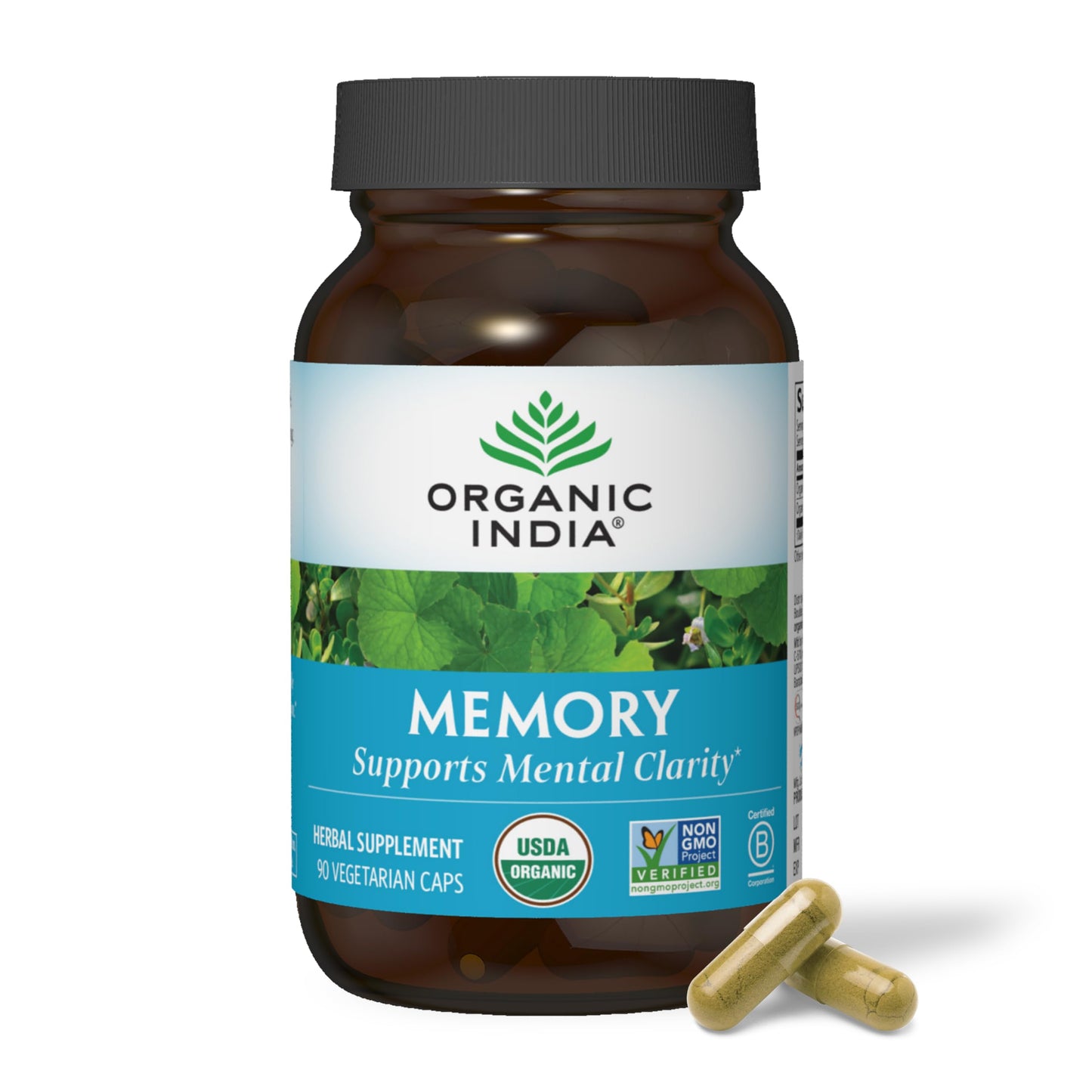 ORGANIC INDIA Memory Herbal Supplement - Brain Supplement for Memory and Focus, Bacopa Monnieri & Gotu Kola Brain Herbal Supplement, Memory Support - USDA Certified Organic, Non-GMO - 90 Capsules