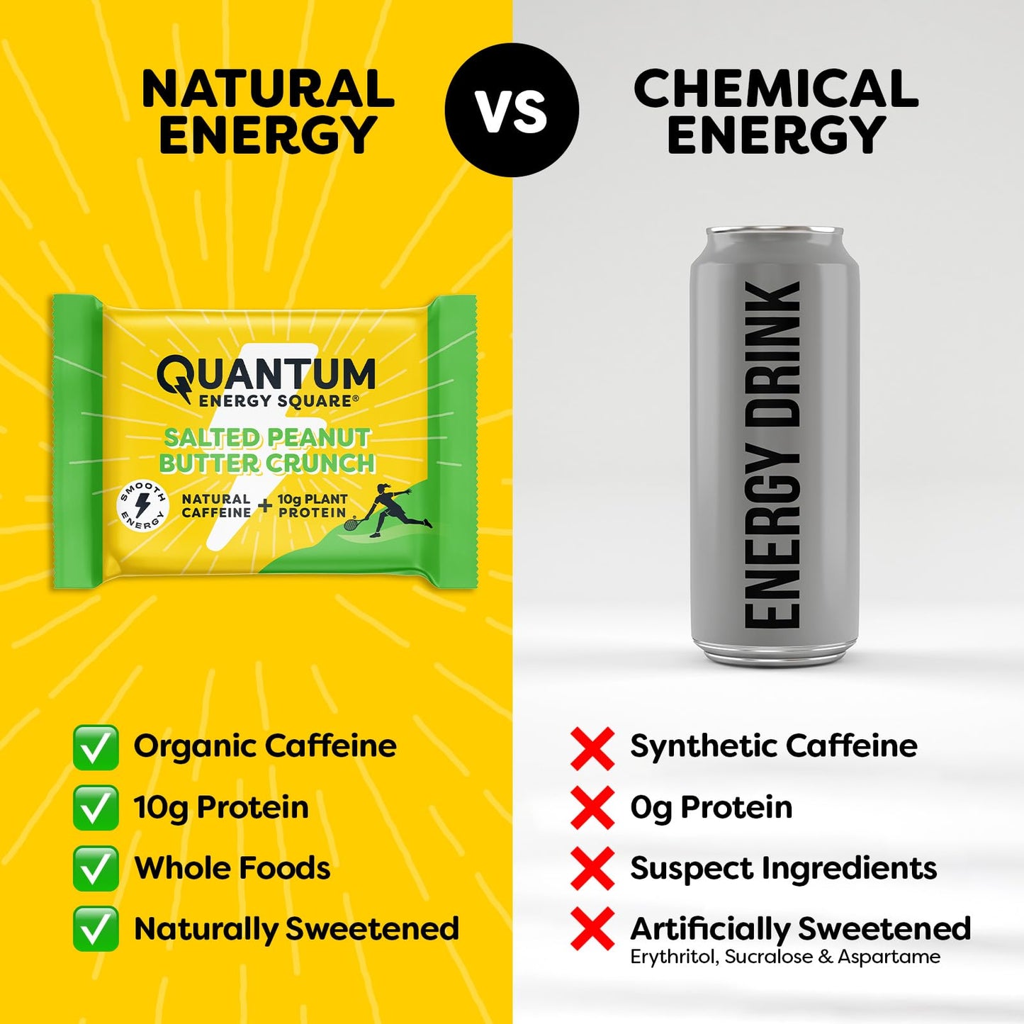 Quantum Energy Square - Energy Bar with Caffeine & 10g Protein - Healthy Snack On the Go - Vegan, Gluten, Soy & Dairy-Free, Salted Peanut Butter 8Pack