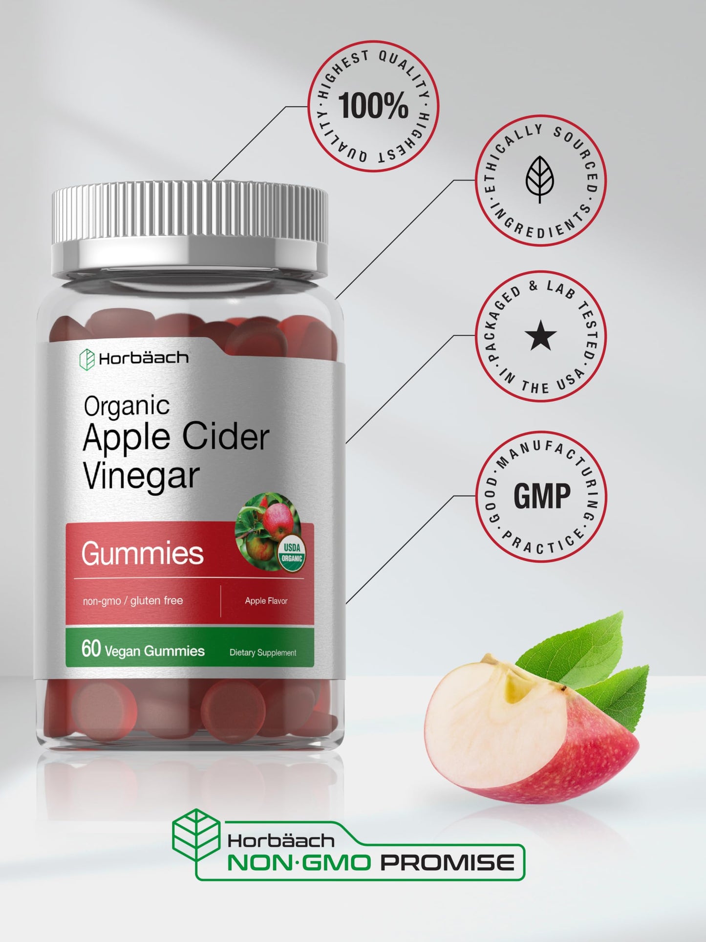 Horbäach Organic Apple Cider Vinegar Gummies | 60 Gummies | Vegan, Non-GMO & Gluten-Free Supplement | USDA Organic ACV | Apple Flavor