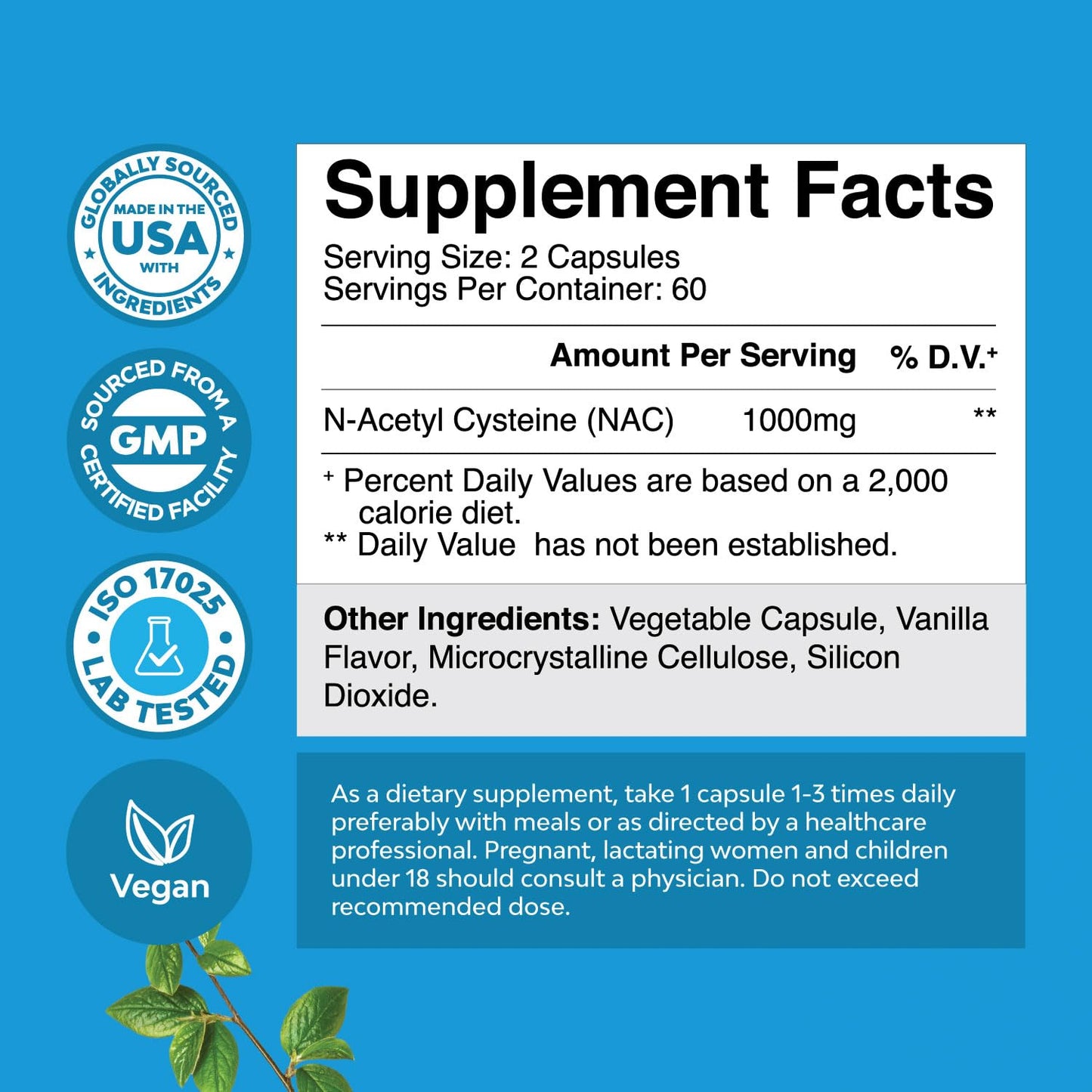 NAC Supplement N-Acetyl Cysteine 1000mg - Vegan High Absorption Non-Smelly NAC 1000mg Capsules Glutathione Precursor for Liver Cleanse Detox & Repair plus Lung Health and Immunity Support (2 Months)