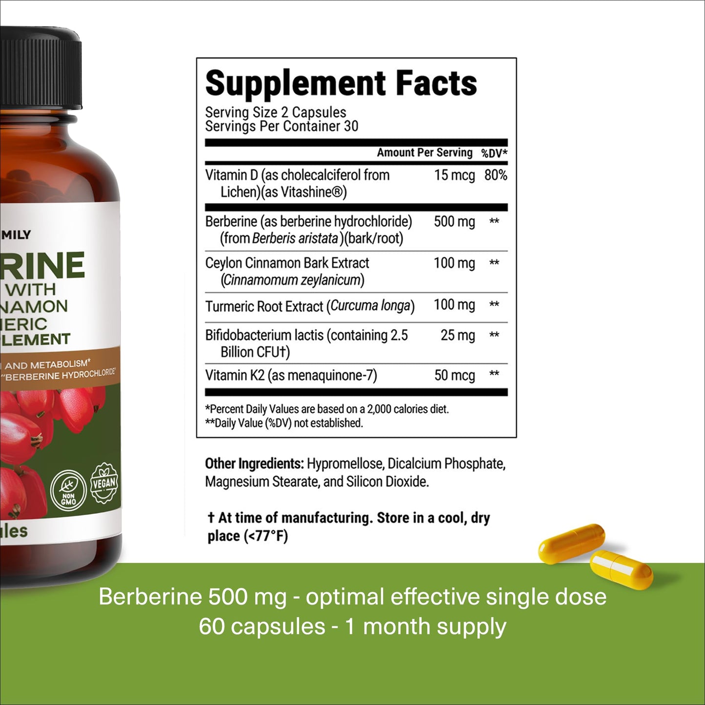Berberine Supplement 500mg with Probiotics, Vitamin D, and Vitamin K - 60 Berberine Capsules - Berberine 500mg for Weight Balance, Water Loss, Gut Health - Berberine with Ceylon Cinnamon Supplement