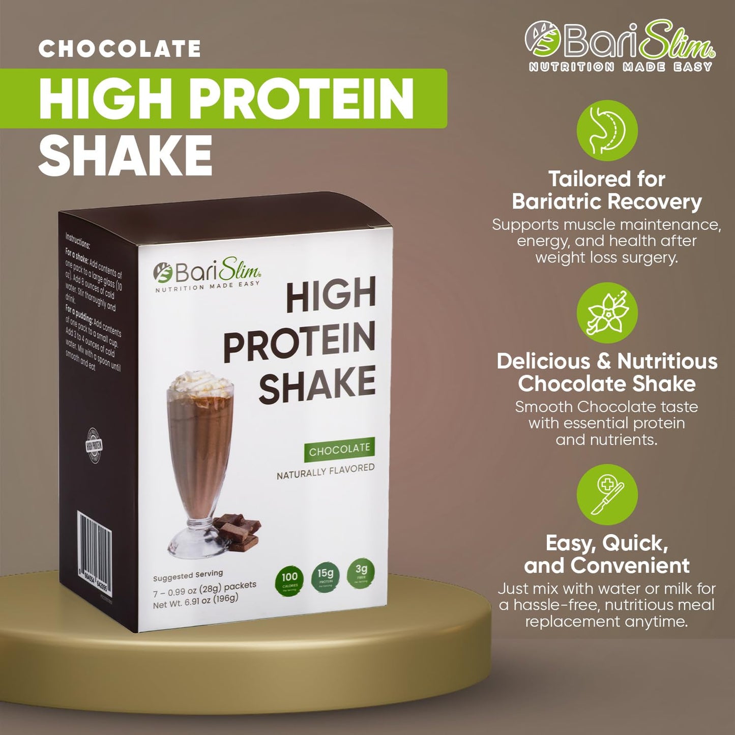 BariSlim High Protein Shake - Delicious & Nutritious Meal Replacement Shake - Low Sugar & Carb - Formulated for Bariatric Patients & Post-Weight Loss Surgery Support | Chocolate Shake (9 oz)