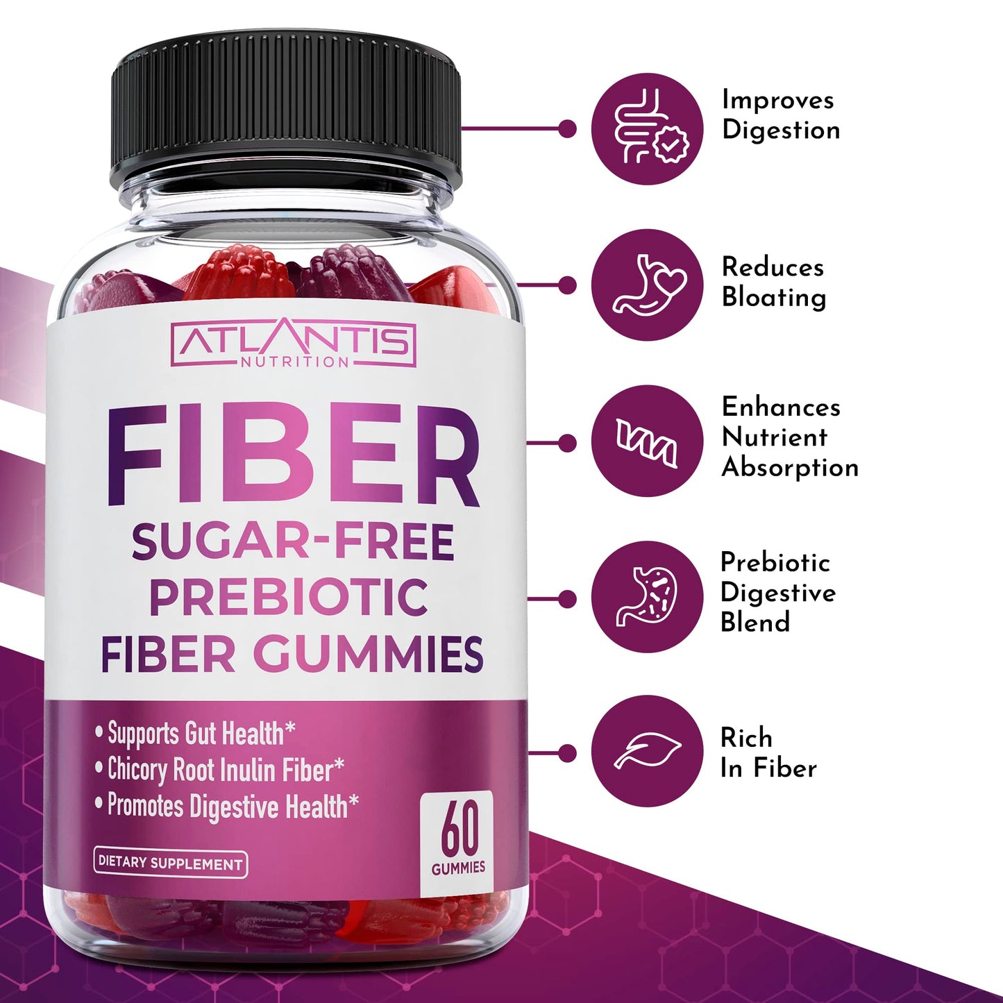 Atlantis Nutrition Sugar Free Fiber Gummies for Adults - 5G Fiber Supplement Formulated with 5.4G Prebiotic Digestive Blend - Supports Gut Health & Promotes Healthy Digestion - 2-Pack 120 Gummies